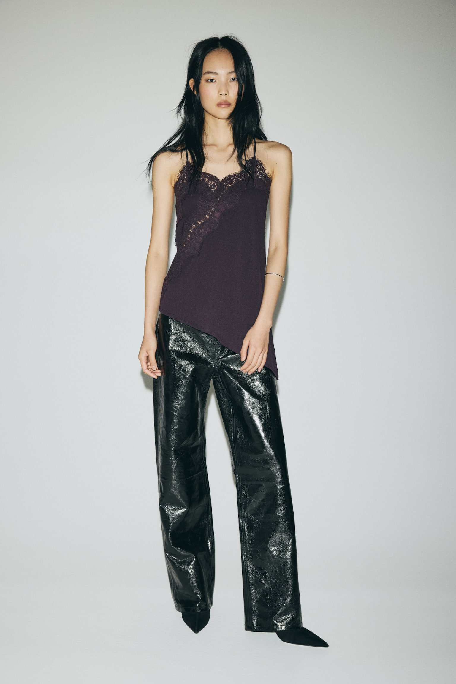 Lace-trimmed strappy top - Dark plum purple/Black - 4