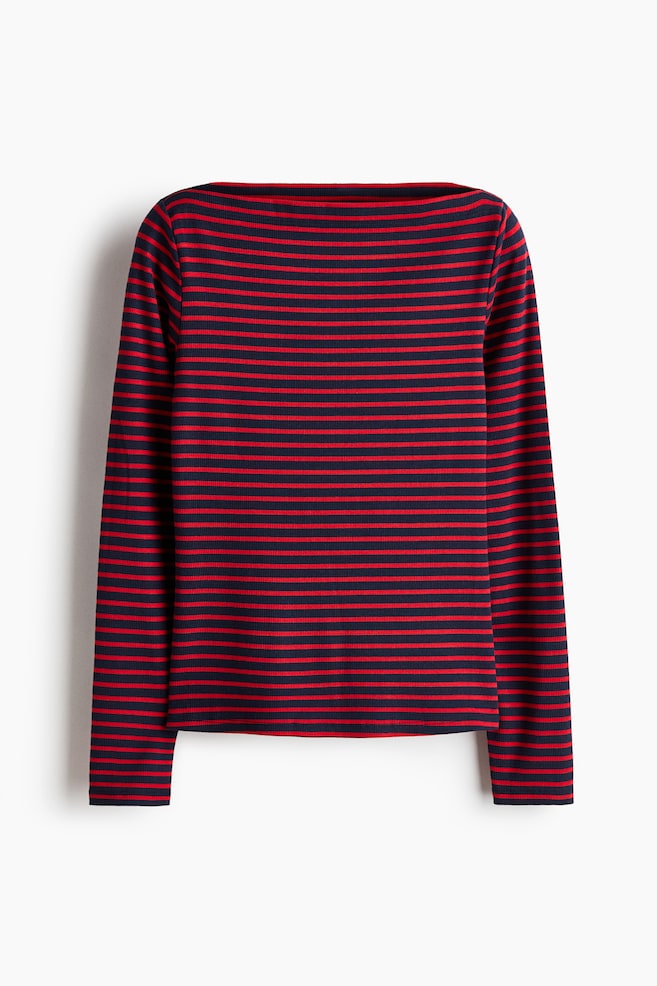 Top acanalado con cuello de ojal - Rojo/Franjas - 1