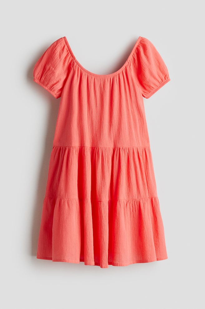 Vestido de algodón con efecto arrugado - Rojo coral/Azul claro - 1