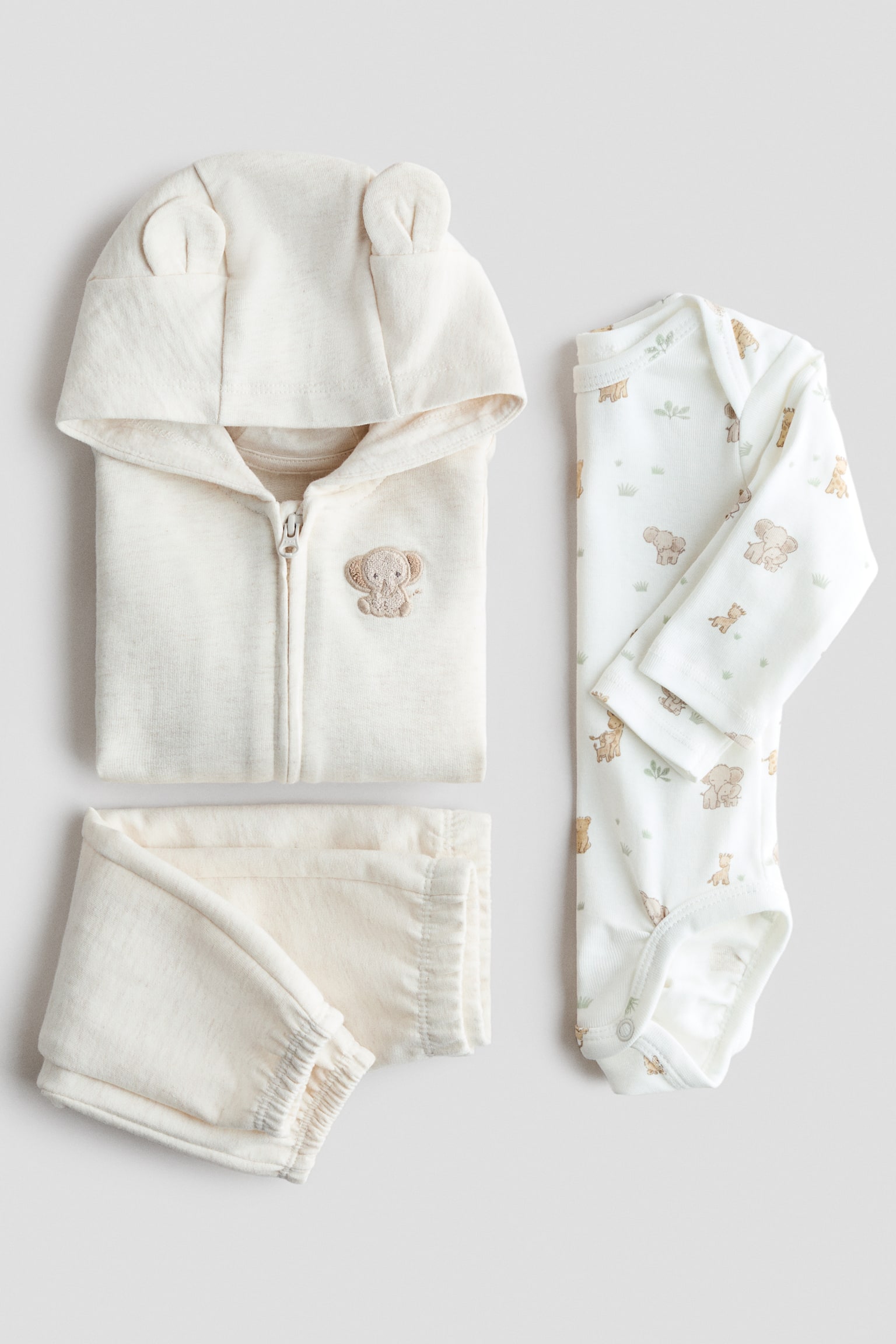 Детские комплекты H&M 3-piece Cotton Set, цвет: Светлый бежевый / Animals — фото 1