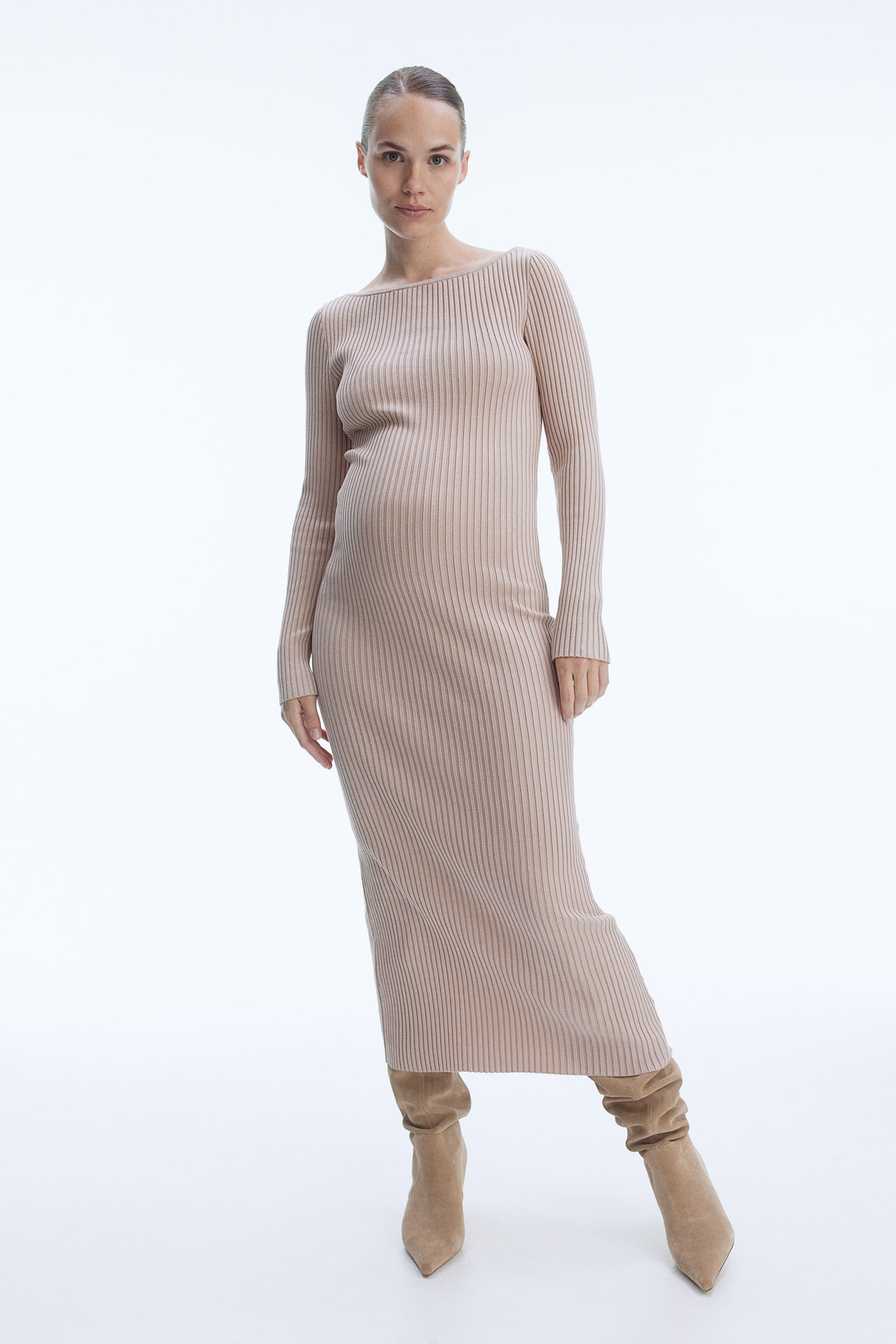 MAMA Boat-neck bodycon dress - Light beige/Dark grey marl - 1