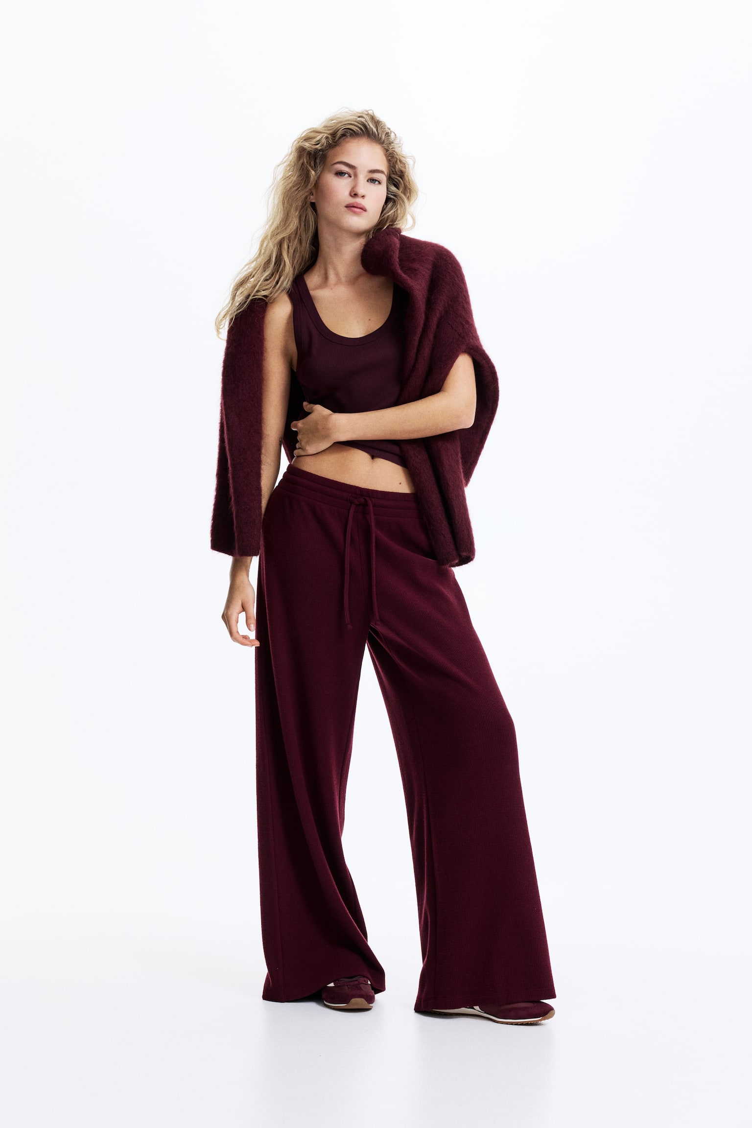 Waffled drawstring trousers - Burgundy/Dark brown/Grey/Light blue - 6