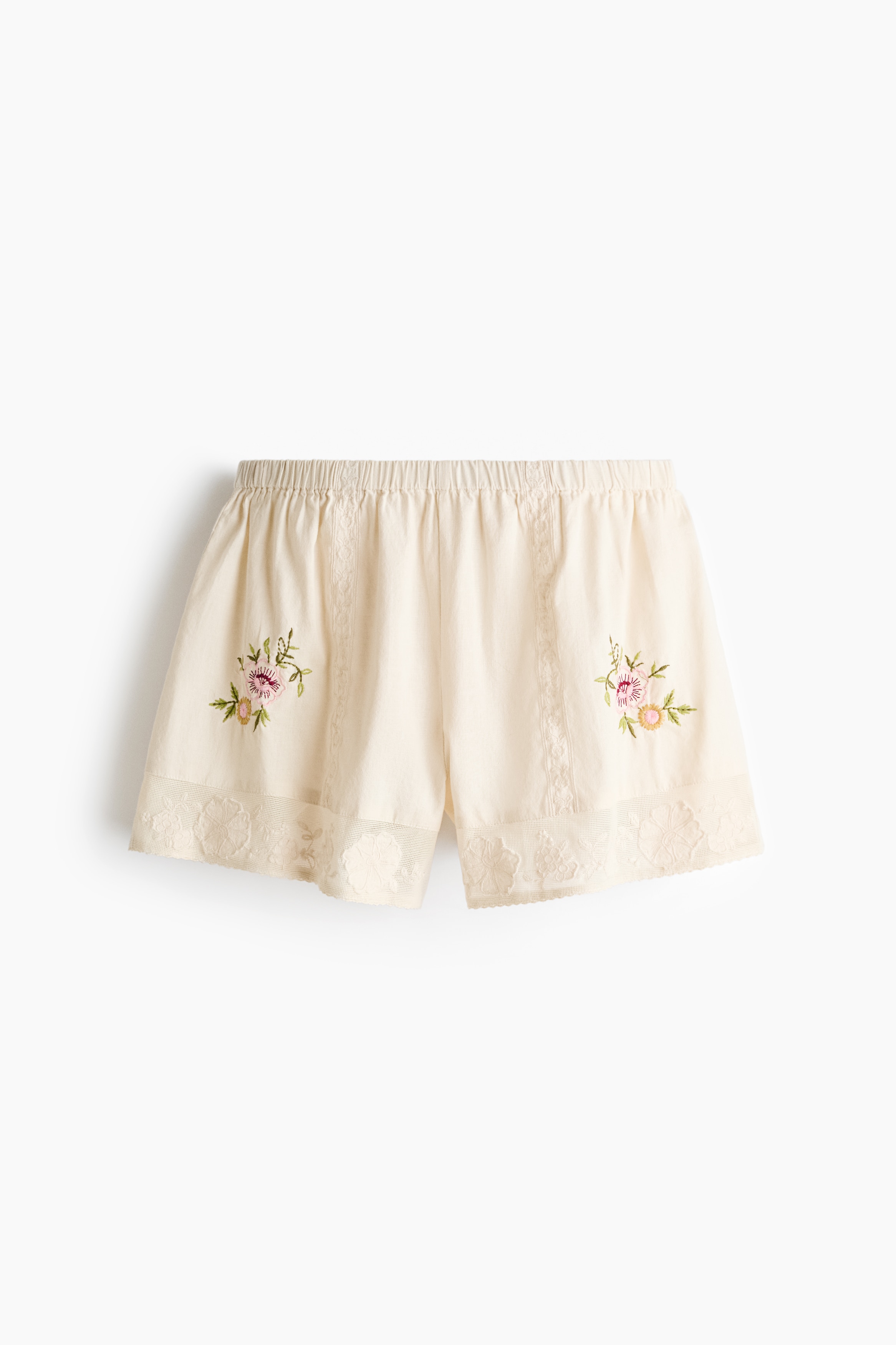 Short de pyjama en lin mélangé - Beige clair/fleurs