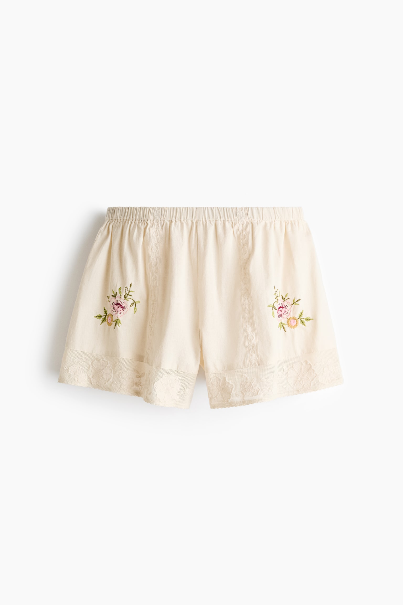 Linen-blend pyjama shorts - Light beige/Flowers - 1