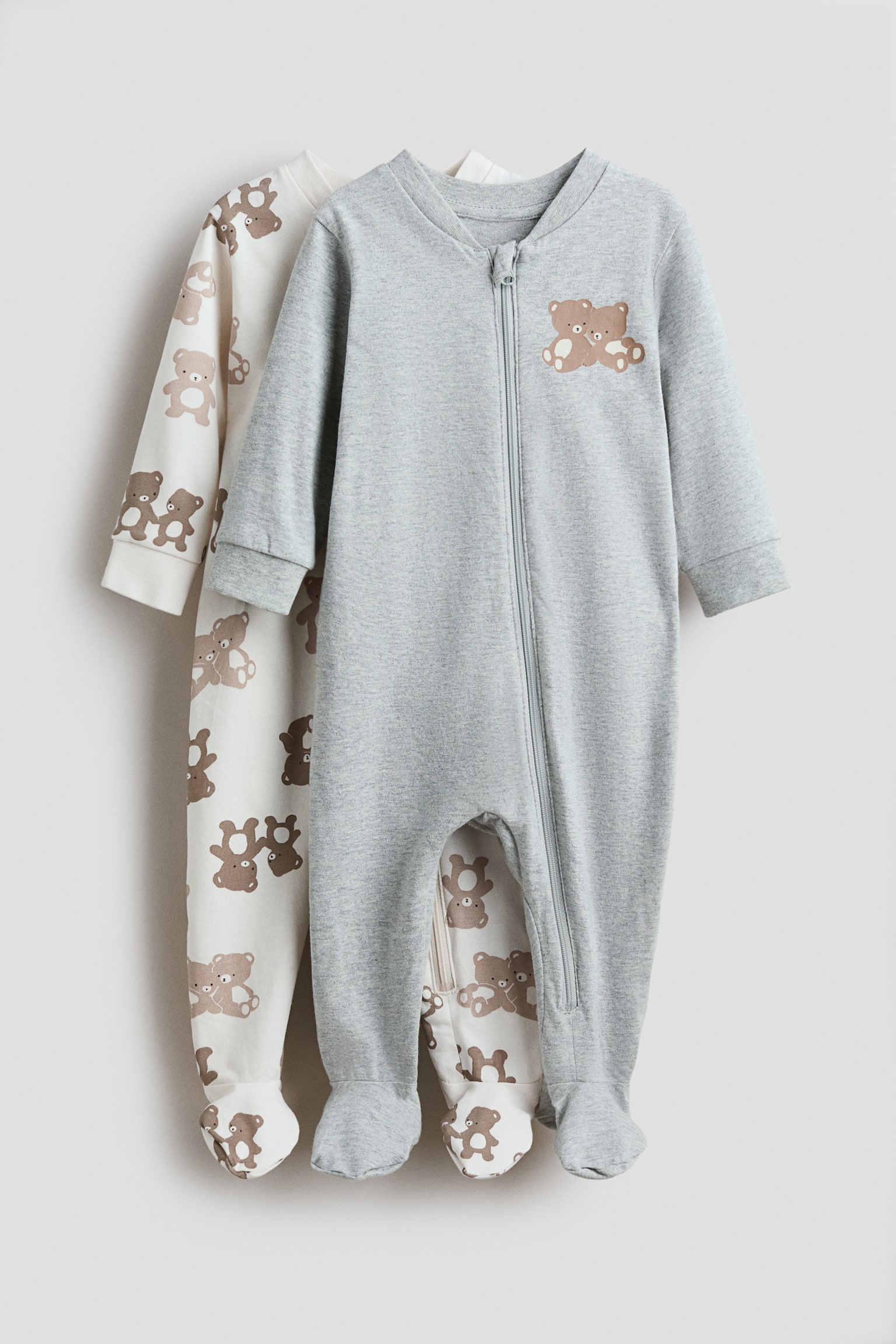 2-pack pyjamasoverall med dragkedja - Ljusgrå/Nallebjörnar/Ljusblå/Moln/Ljusbeige/Vit/Ljusbeige/Prickig/Ljuslila/Hjärtan