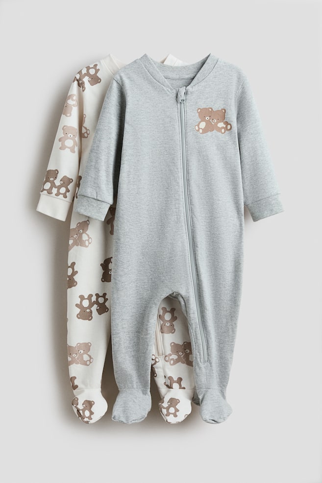 2-pack Zip-up Pajama Jumpsuits - Light gray/teddy bears/Light purple/bows/Light gray/elephants - 1