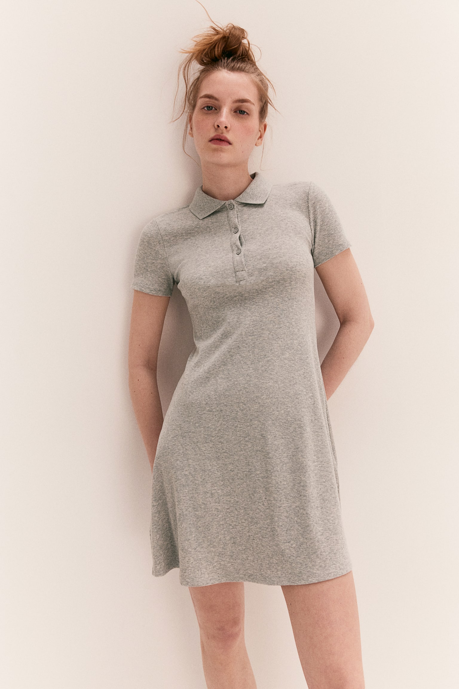 Collared ribbed dress - Grey marl/Cream/Black - 1