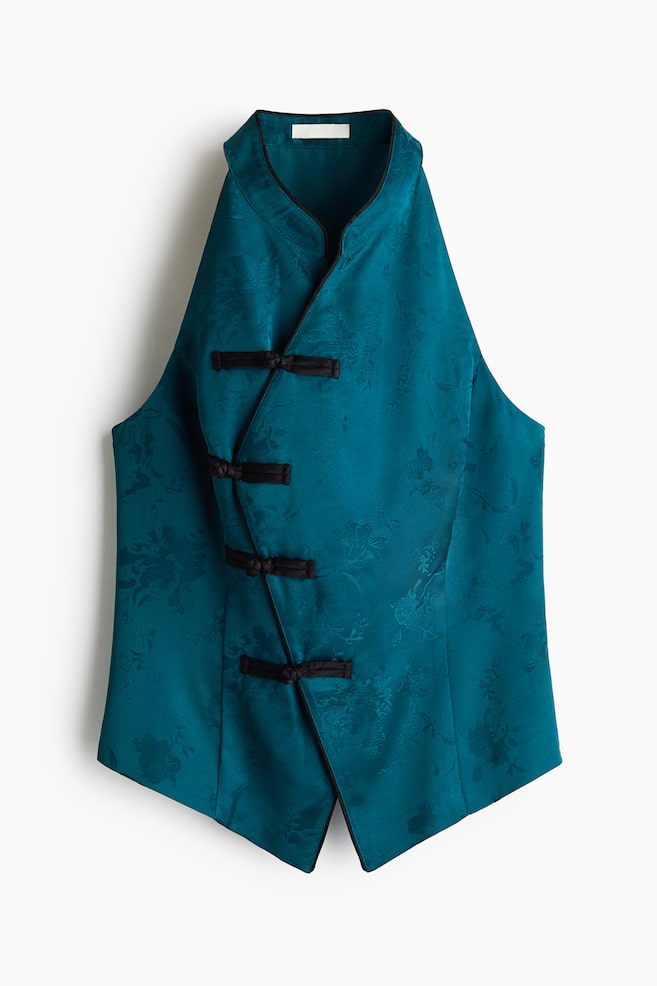 Top in tessuto jacquard con bottoni a nodo - Turchese scuro - 1