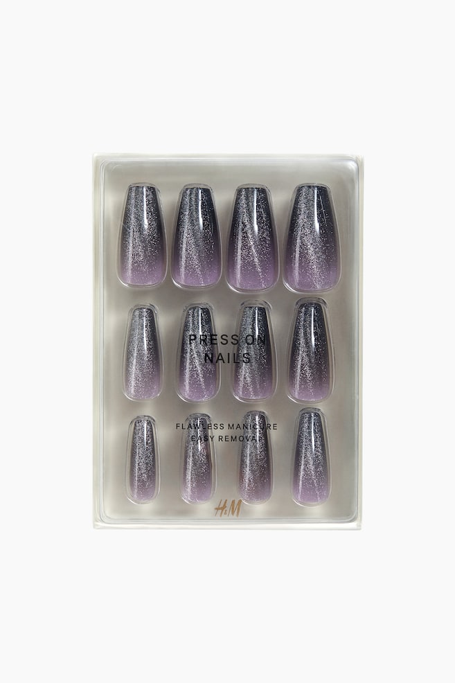 Press-on Nails - Black Purple Glitter/Lavender Haze/Fierce Tips/Chuckle Charms/Fairy Floss/Amethyst Allure/Blue Aura/Tangerine Twist/Red Glitter/Ombré Royale/Fruity French Tip/Petal Perfection/A French Favourite - 1