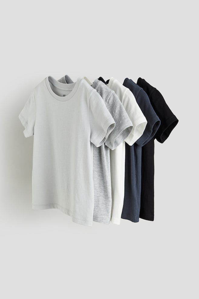 Lot de 5 T-shirts en coton - Gris clair/gris clair chiné/Bleu foncé/rayé - 1