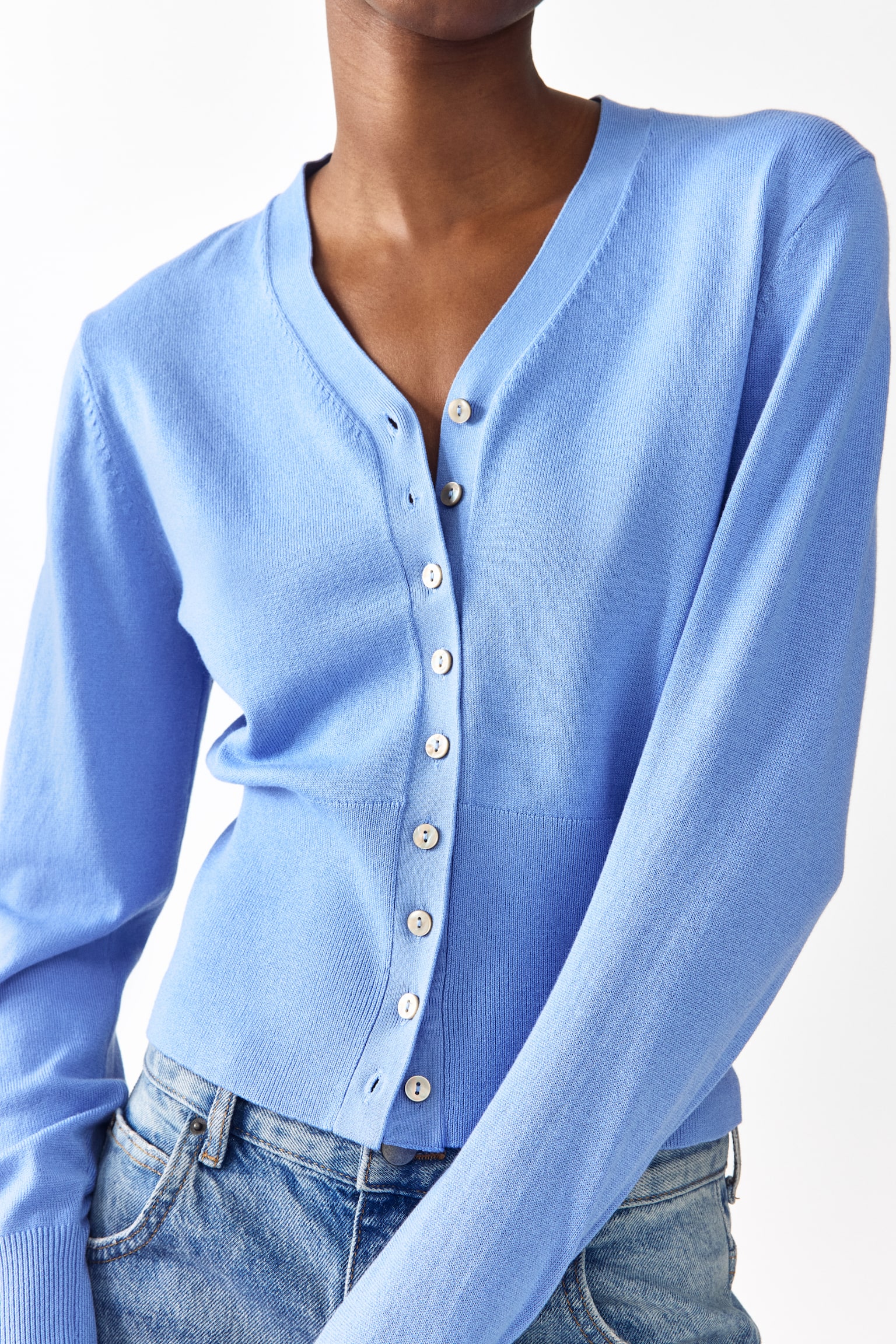 Fine-knit cardigan - Dusty blue/White/Dark brown - 4