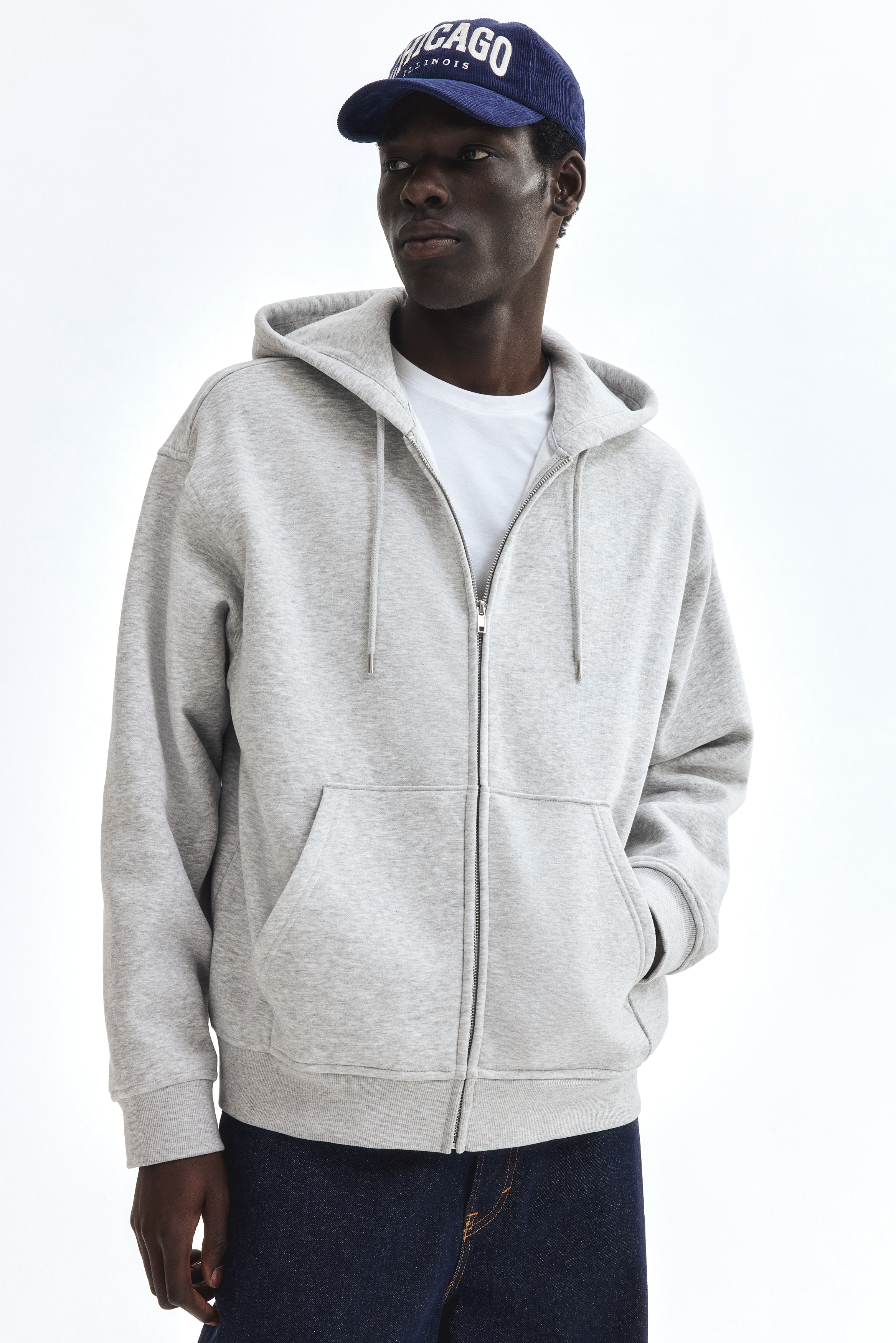 Men's Grey marl Loose Fit Zip-through hoodie | H&M IN
