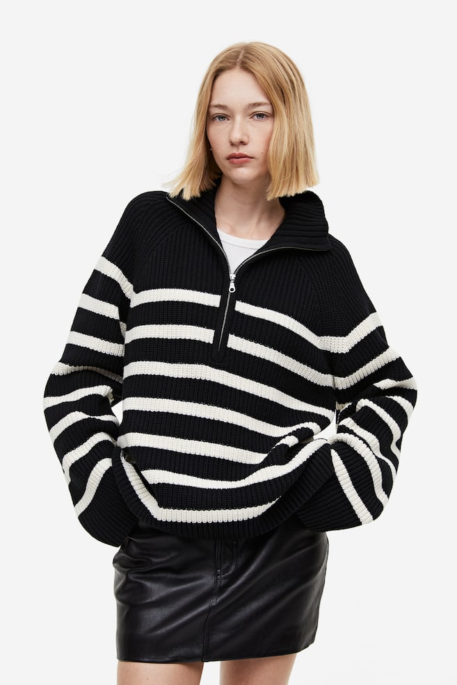Rib-knit half-zip jumper - Black/Striped - 1