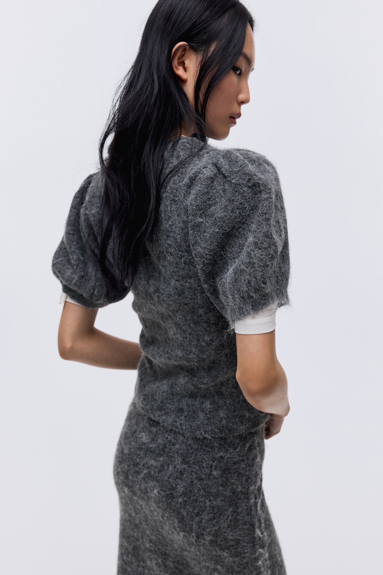 Knitted puff-sleeved top - Grey marl - 6