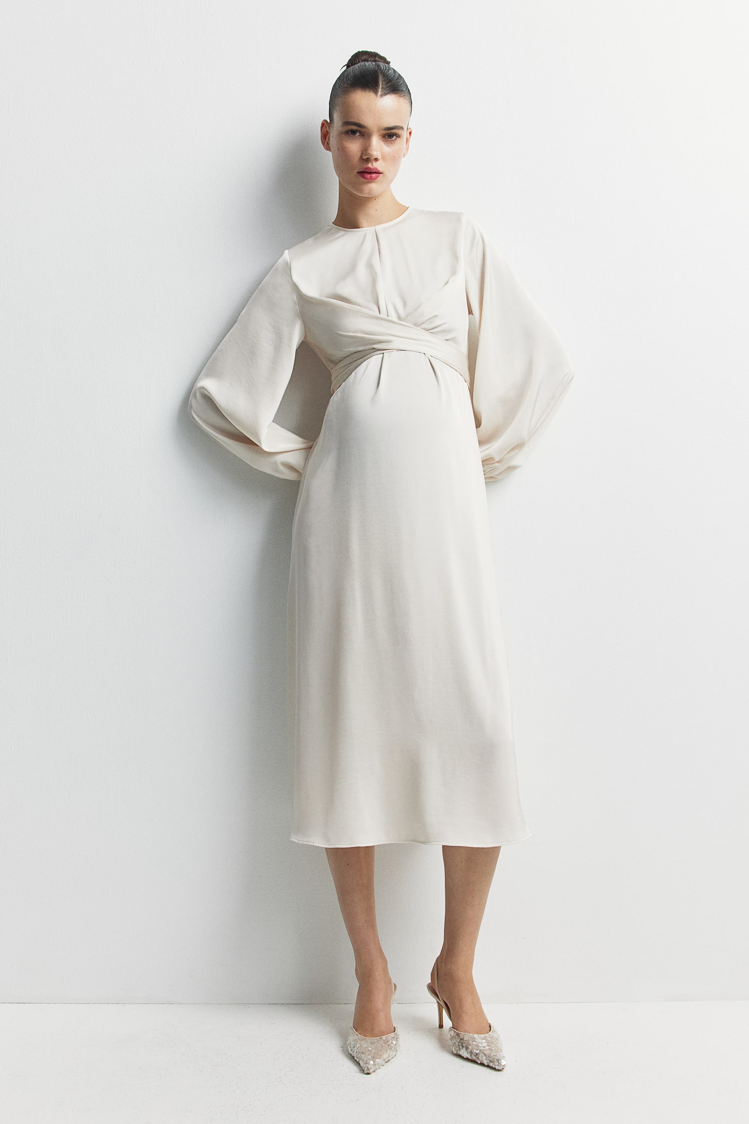 MAMA Balloon-sleeved satin dress - Cream/Black - 1