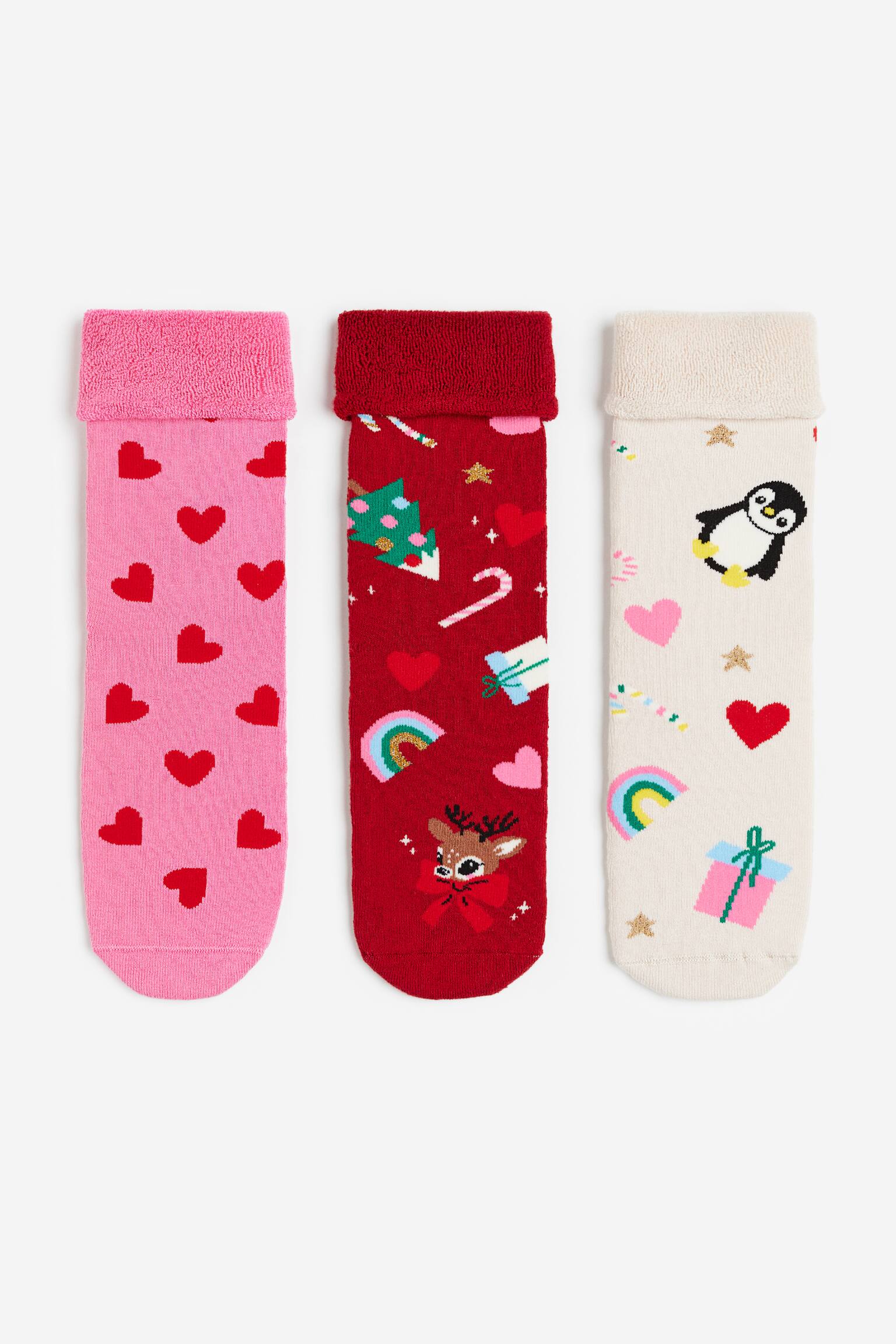 Bộ 3 đôi tất xù - Màu đỏ/Hoa văn - 1
