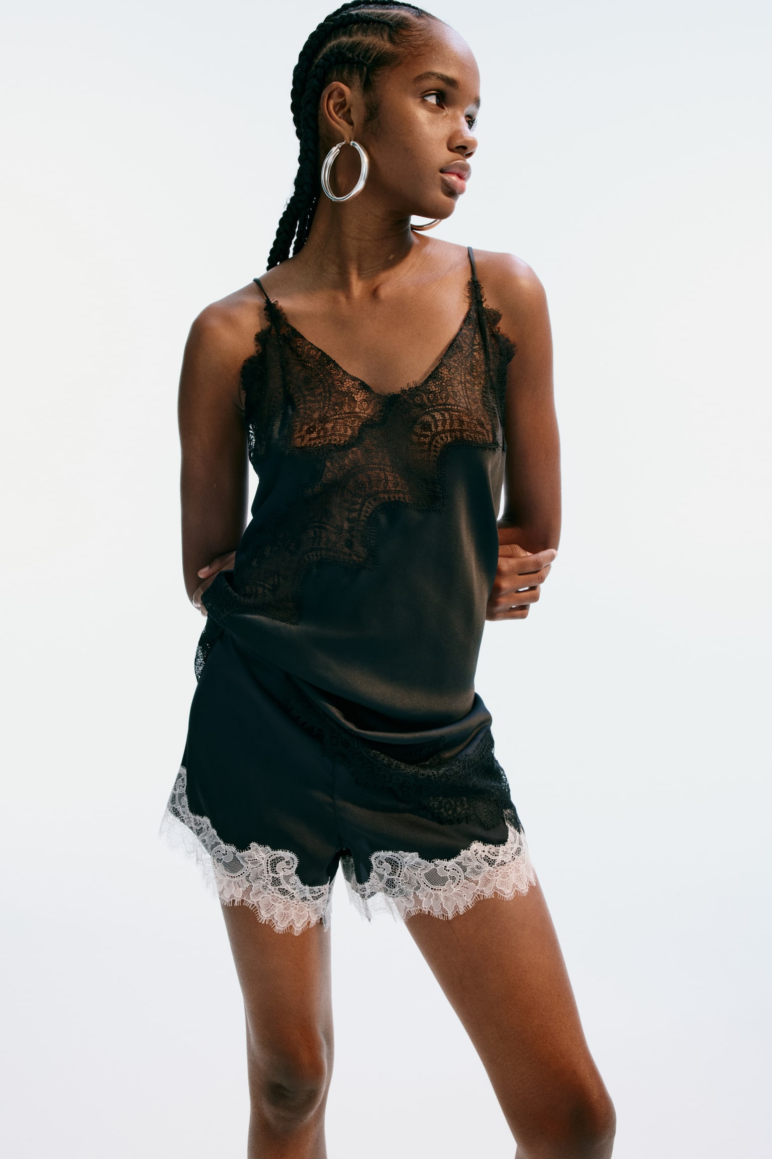 Lace-Trimmed Satin Camisole Top-Black - 4