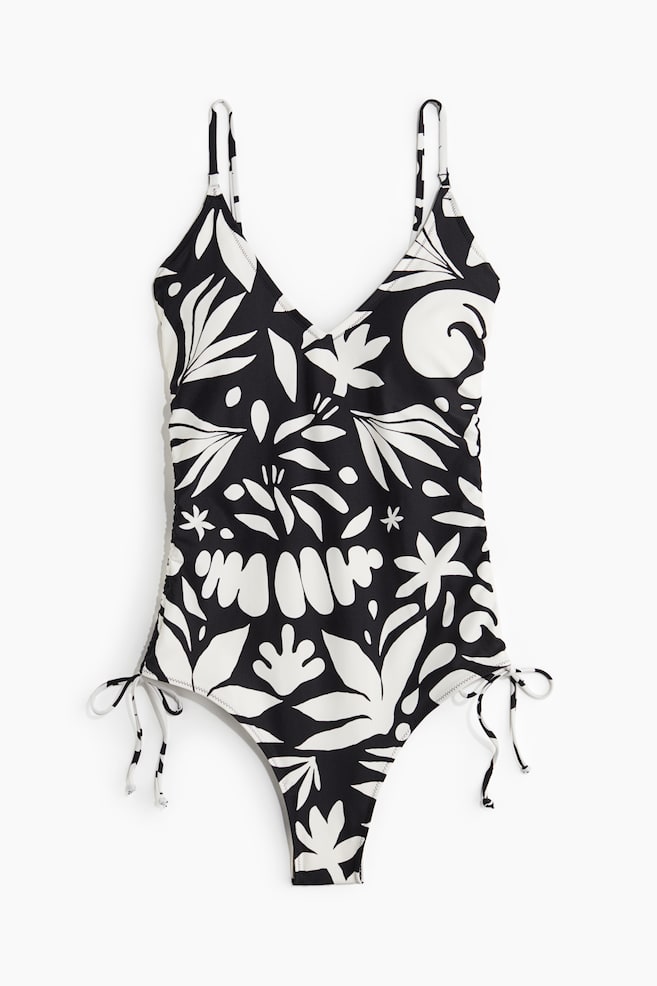 Padded-cup drawstring-detail swimsuit - Black/White patterned - 1