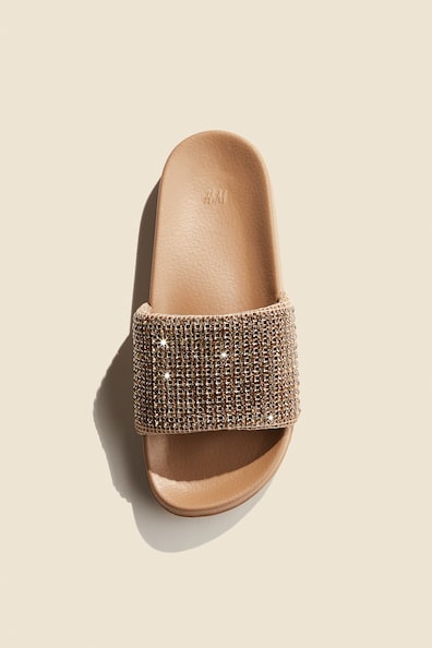 Rhinestone-embellished pool slides - No heel - Dark beige - Ladies 