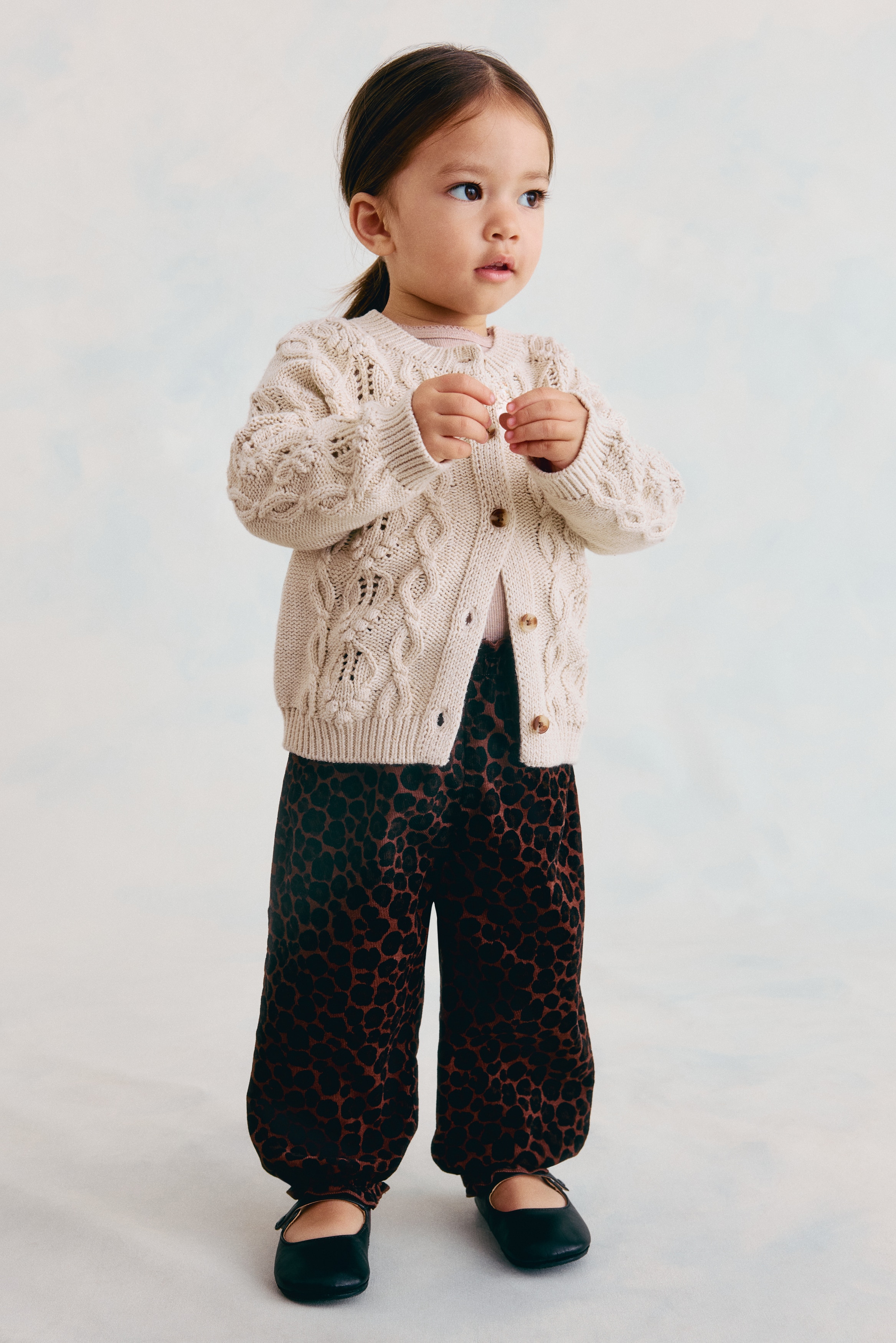Broek van ribfluweel met dessin - Bruin/luipaarddessin/Lichtbeige/bloemen/Dusty donkerroze/bloemen