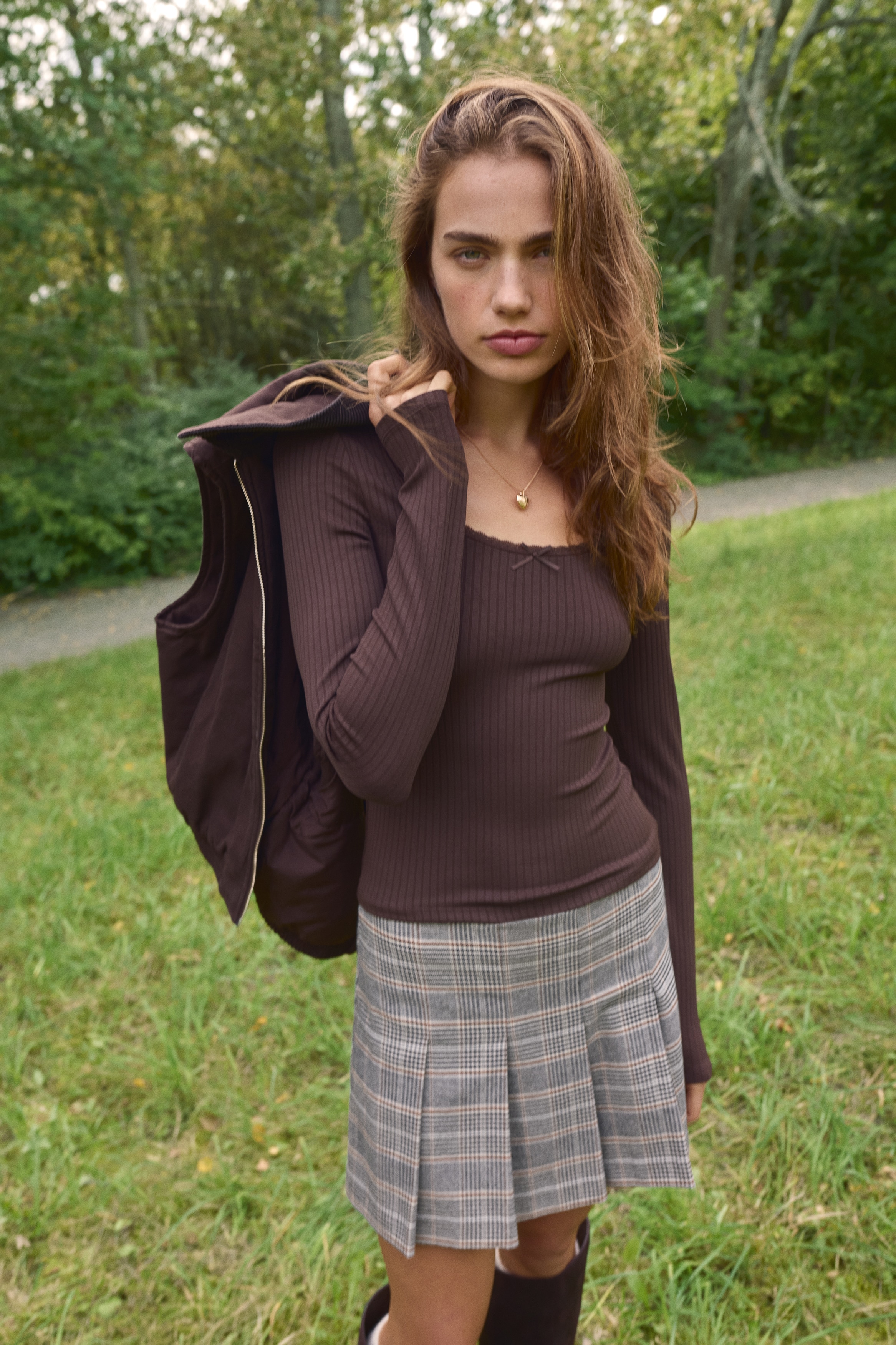 Ladies - Brown Ribbed jersey top - Size: M  - H&M