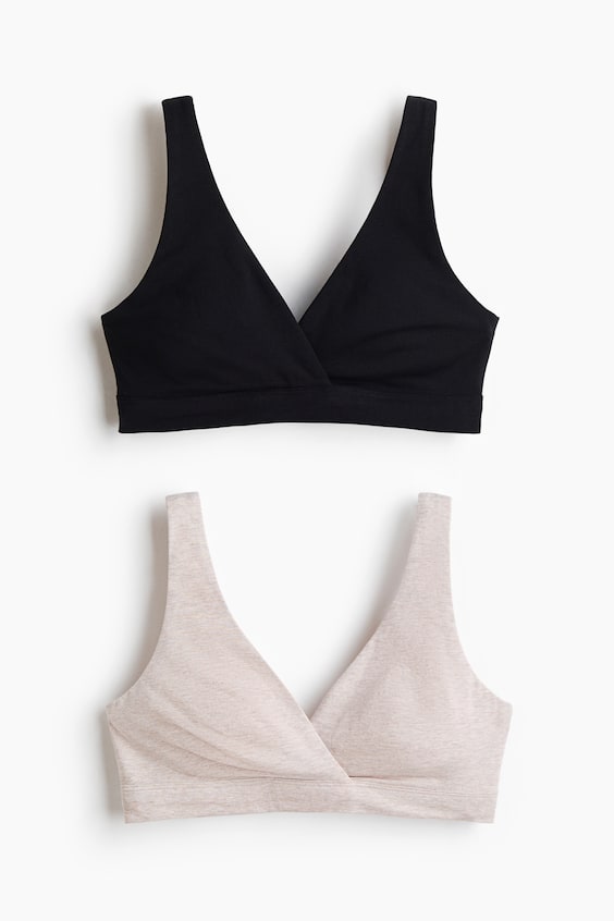 Женские бра для кормления H&M Mama хлопковые, 2 шт, цвет: Бежевый меланжевый / Чёрный