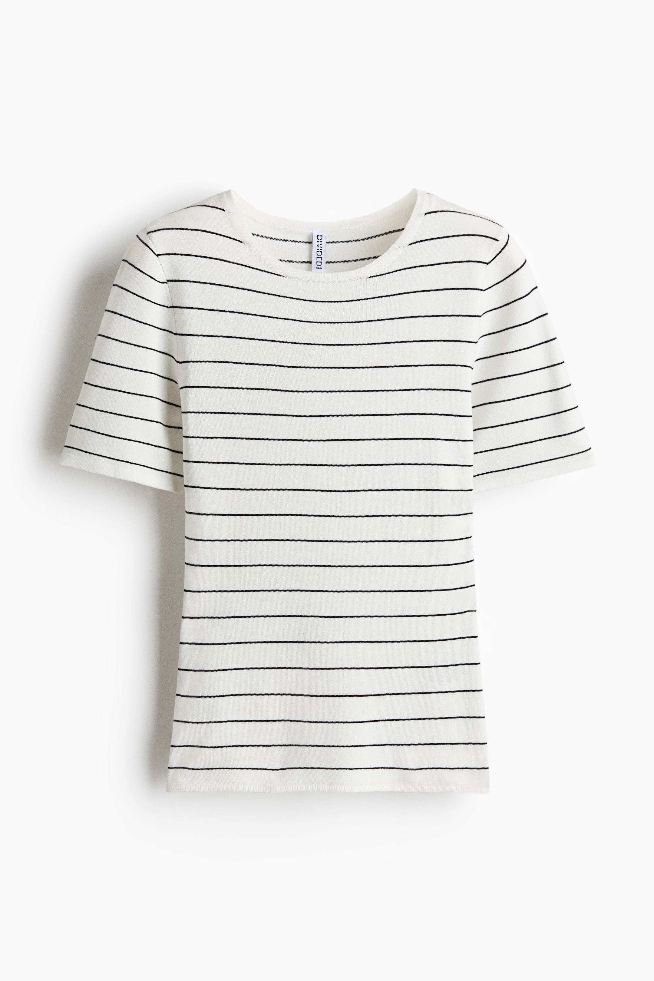 View larger image: A front-fitted white t-shirt with black horizontal stripes showcases a fine knit texture. It features ribbed trim along its round neckline, short sleeve cuffs, and hem.