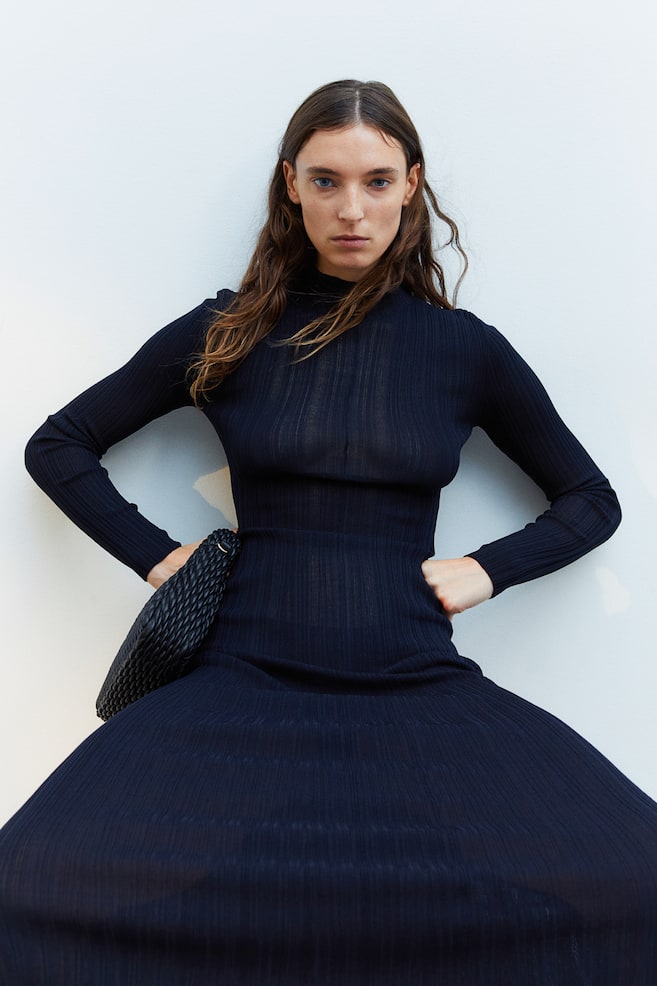 Turtleneck knitted dress - Navy blue - 1