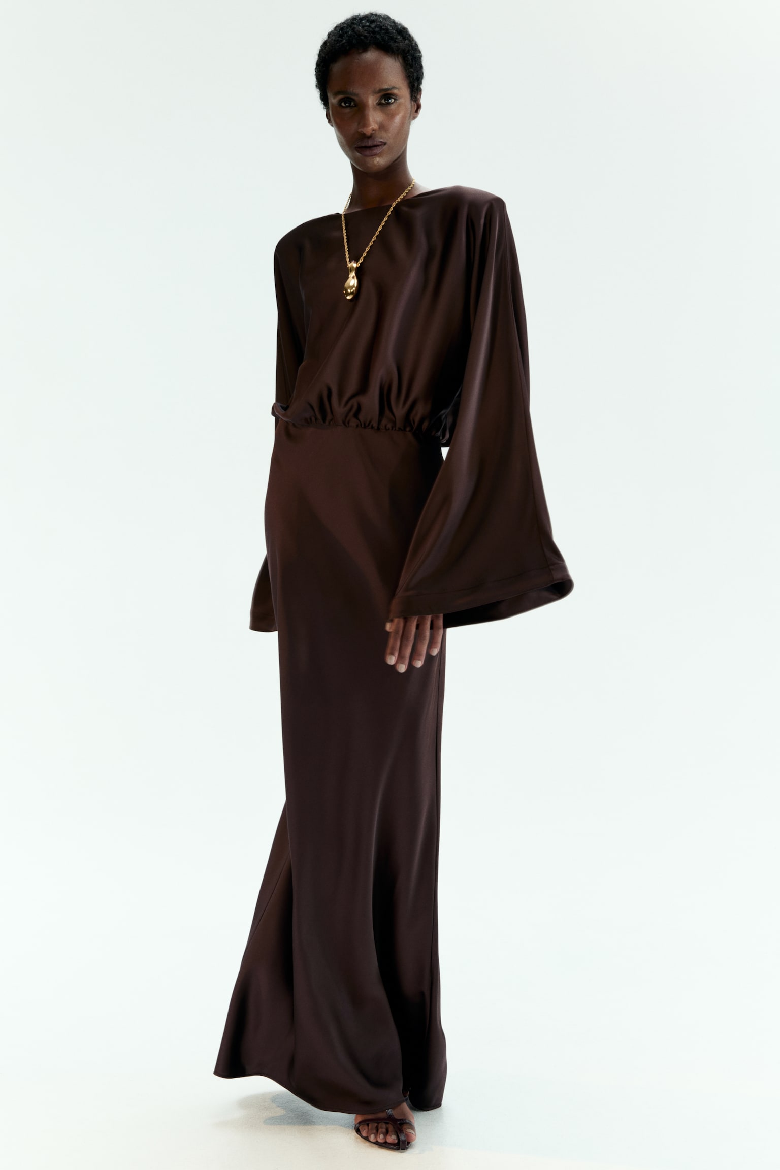 Shoulder-pad satin dress - Dark brown/Light beige - 1