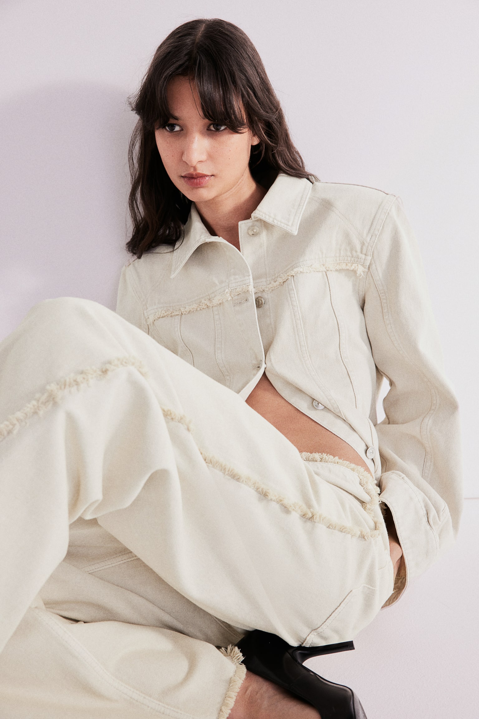 Shoulder-pad denim jacket - Light beige - 3