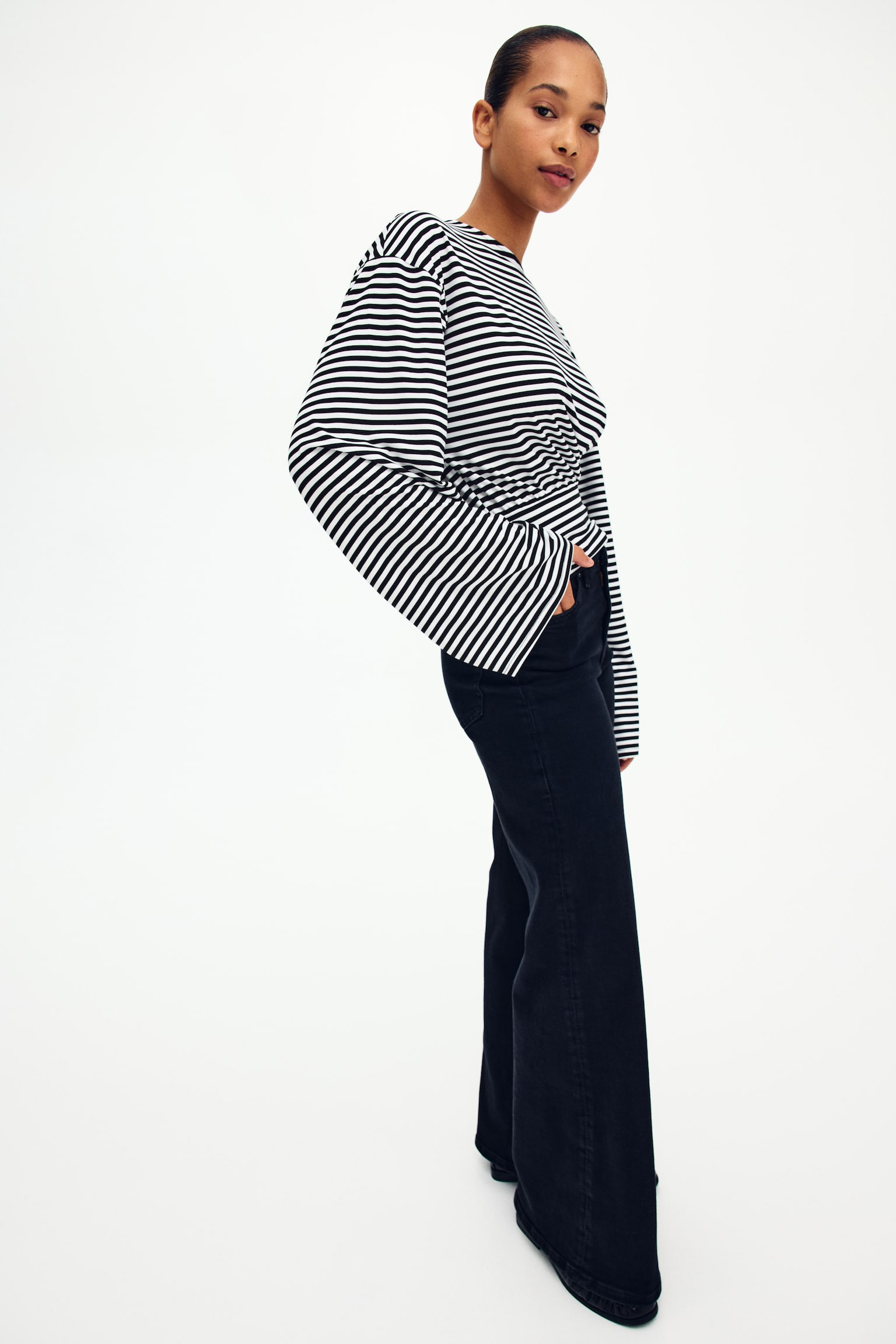 Gathered jersey top - White/Striped/Dark grey - 3