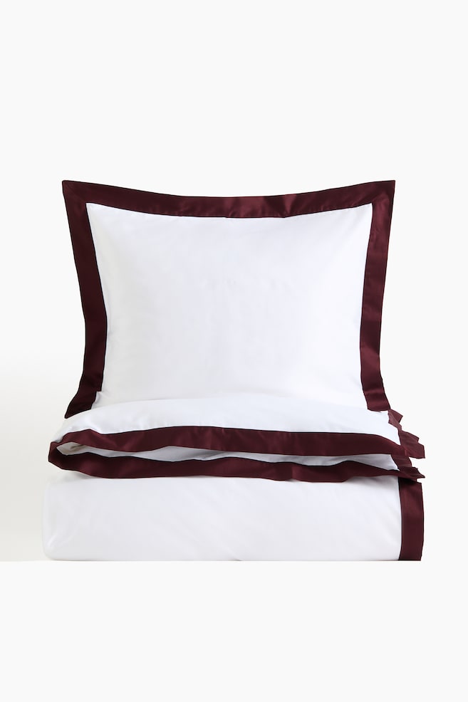 Cotton sateen single duvet cover set - White/Burgundy/White/Dark green - 1