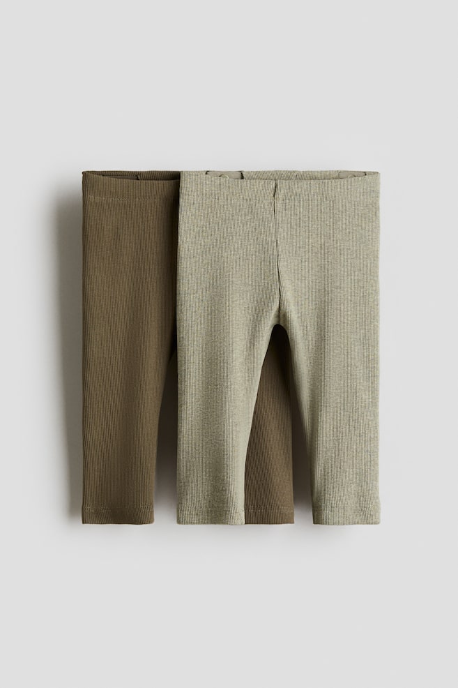 2-pack ribbed cotton leggings - Olive green/Light green/Khaki green/White striped/Dark blue/Turquoise/Dark grey/Light grey/Light green/Beige/Beige/Khaki green/Light grey/Beige striped/Light dusty blue/Beige - 1