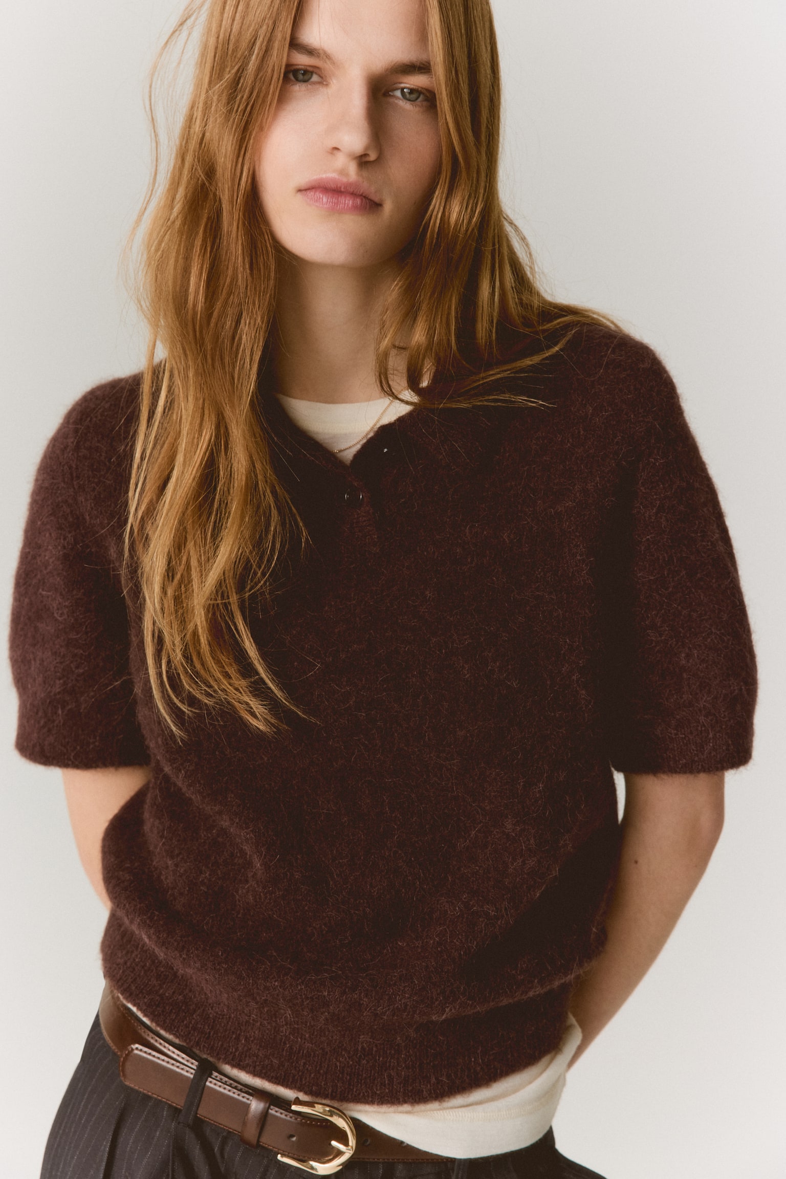 Женское поло H&M Alpaca-Blend Polo, цвет: Тёмный коричневый — фото 3