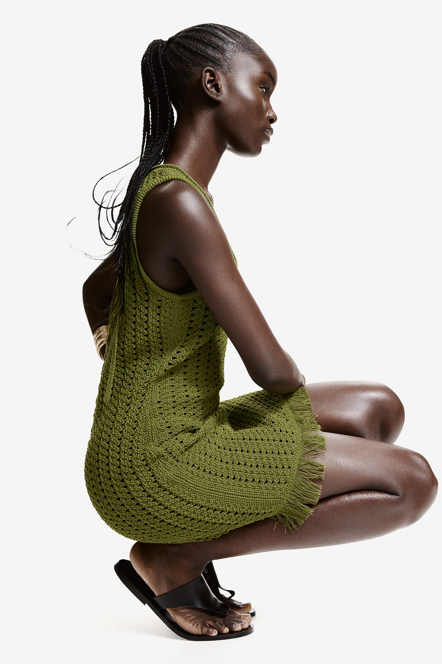 Crochet Look Dress - Olive green - 6