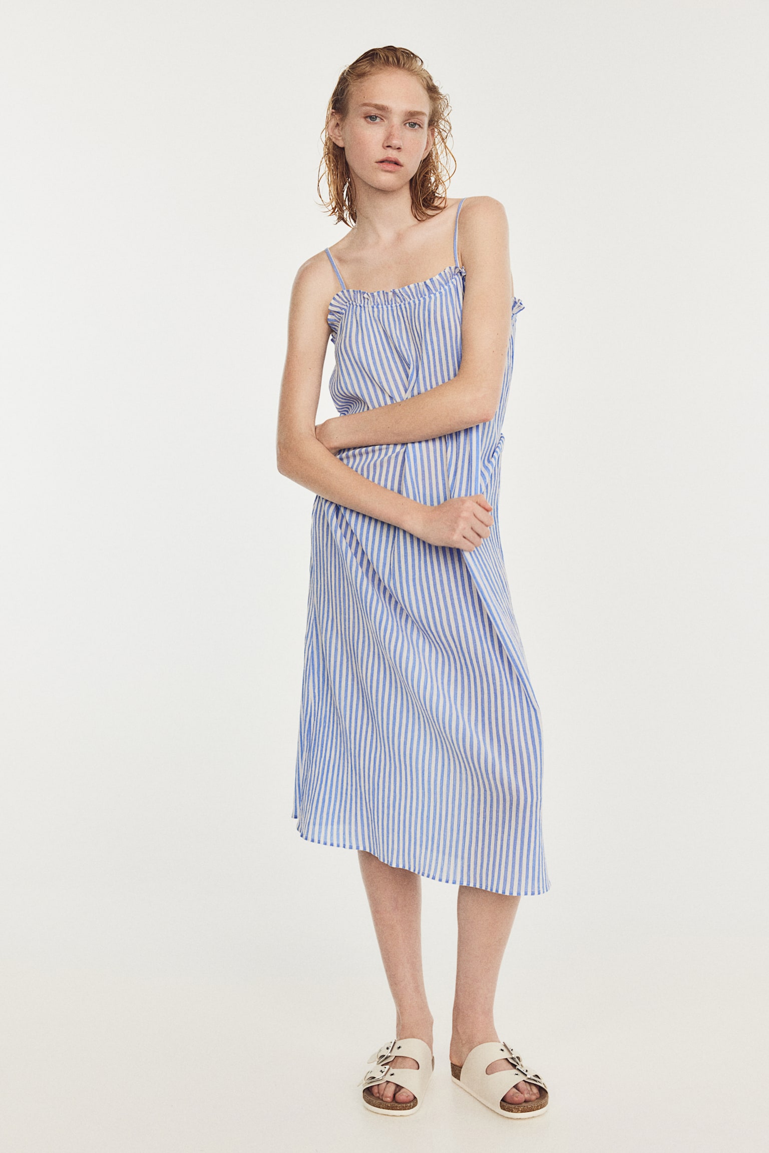 Frill Trim Cotton Dress - Blue/Stripe/Khaki green/Black/White - 3