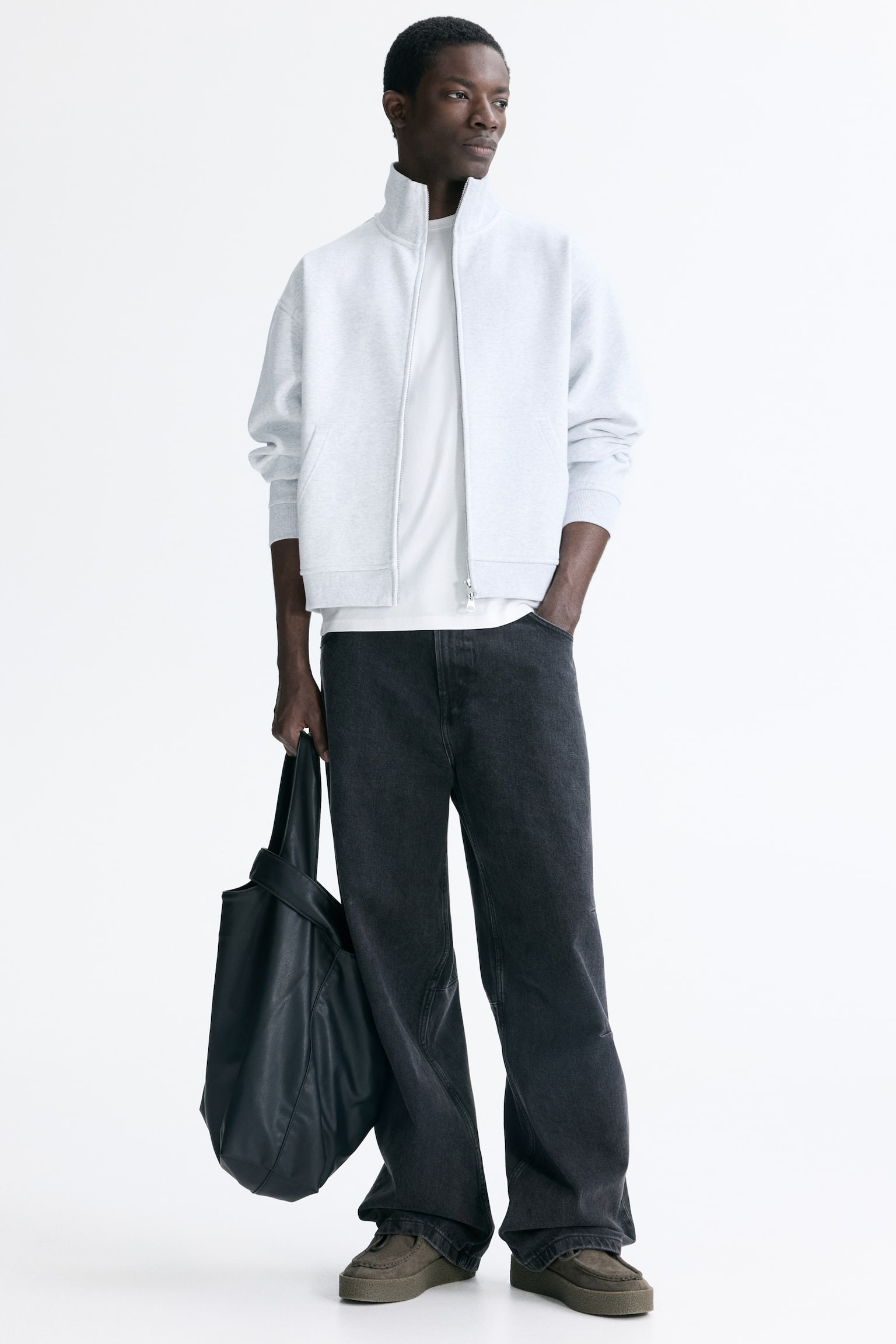 סווטשירט רחב עם רוכסן Loose Fit - אפור בהיר מלאנז' - 1