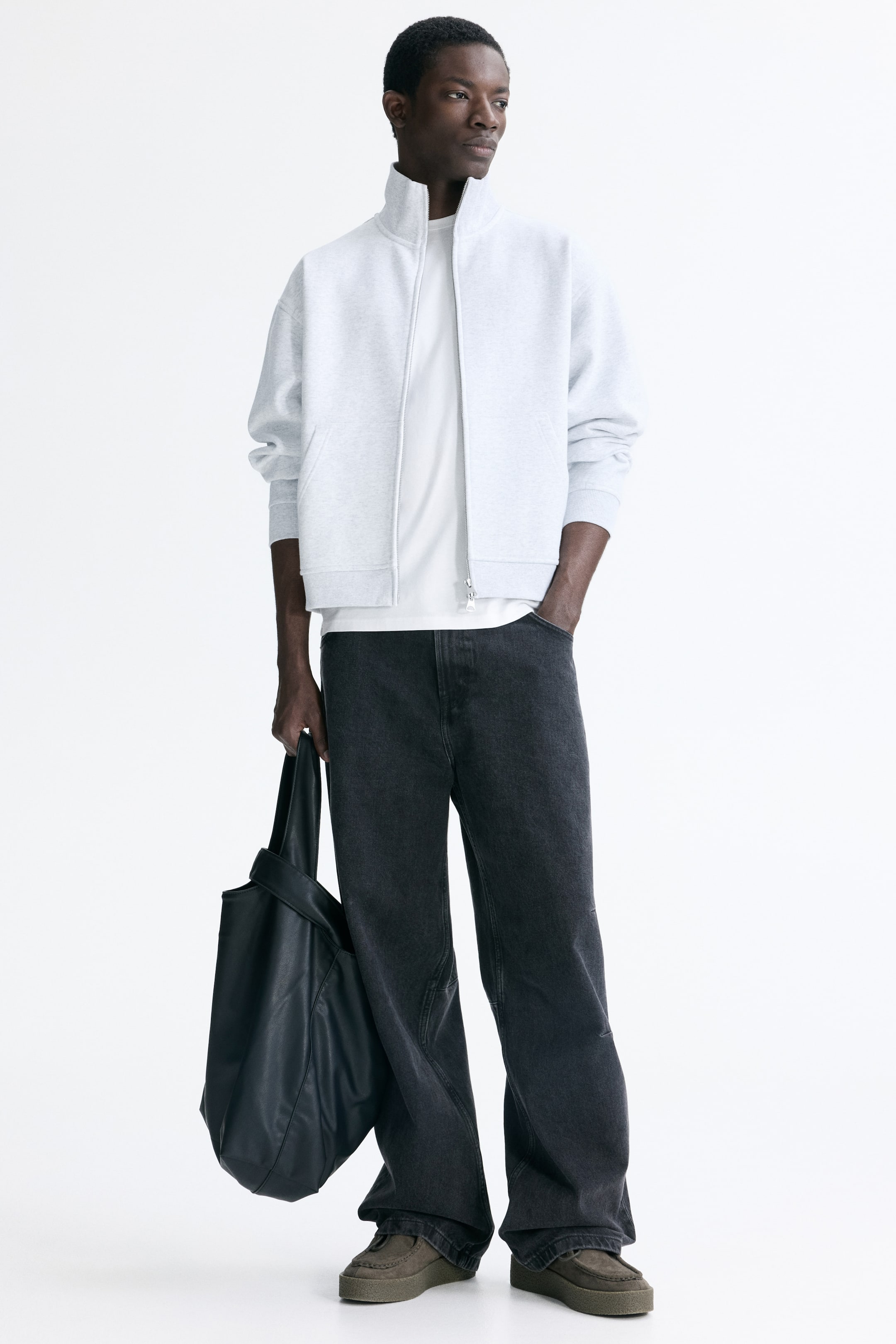 Näytä suurempi kuva: Laatikkomainen vetoketju-collegepusero Loose Fit - Vaalea harmaameleerattu - MIEHET | H&M FI 1