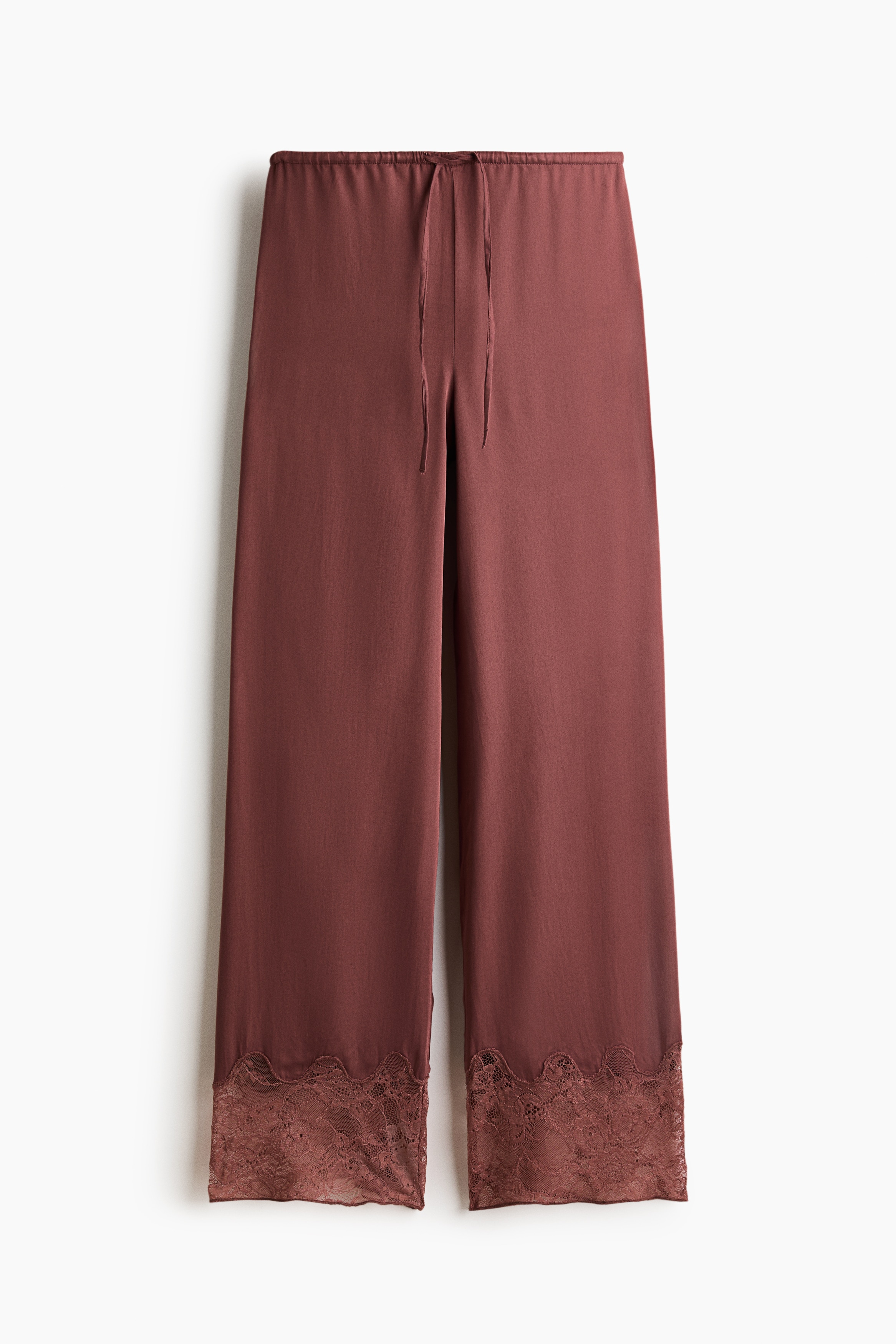 Pyjamasbyxa i satin med spetskant - Dov rödbrun/Svart