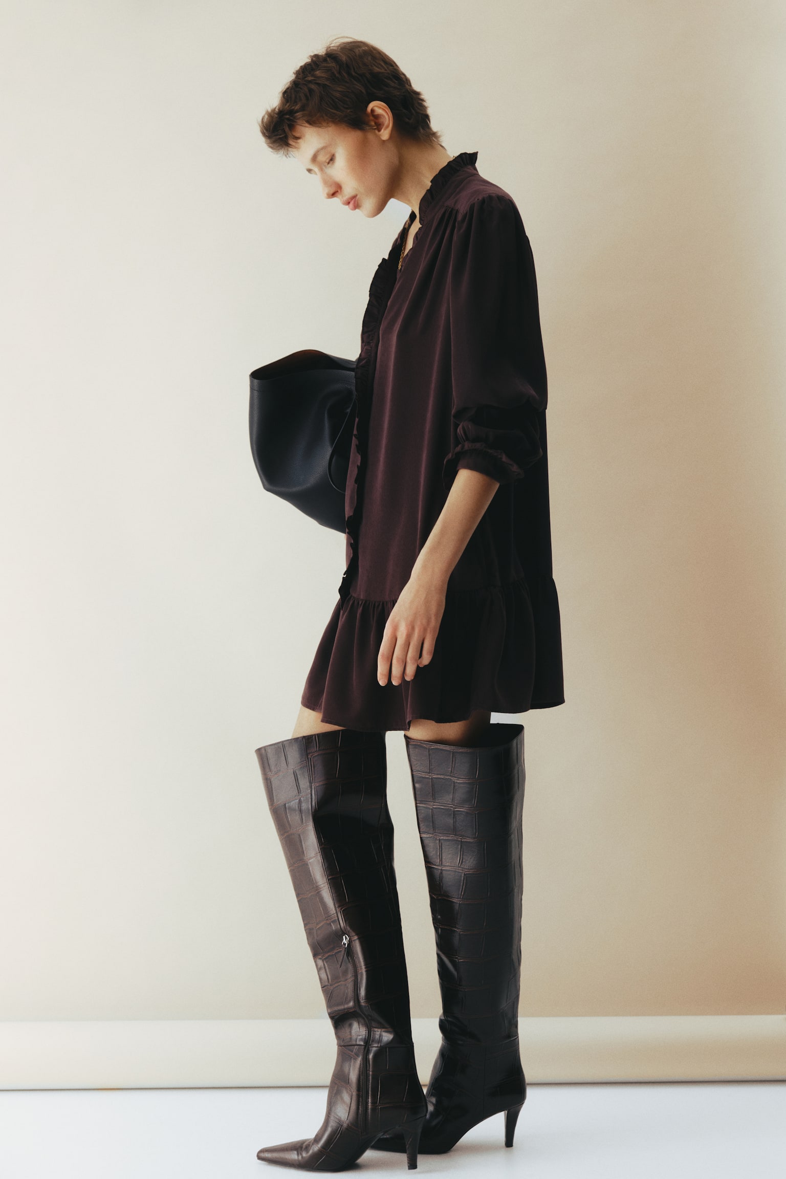 Frill-trimmed dress - Dark brown/Black/Spotted - 2