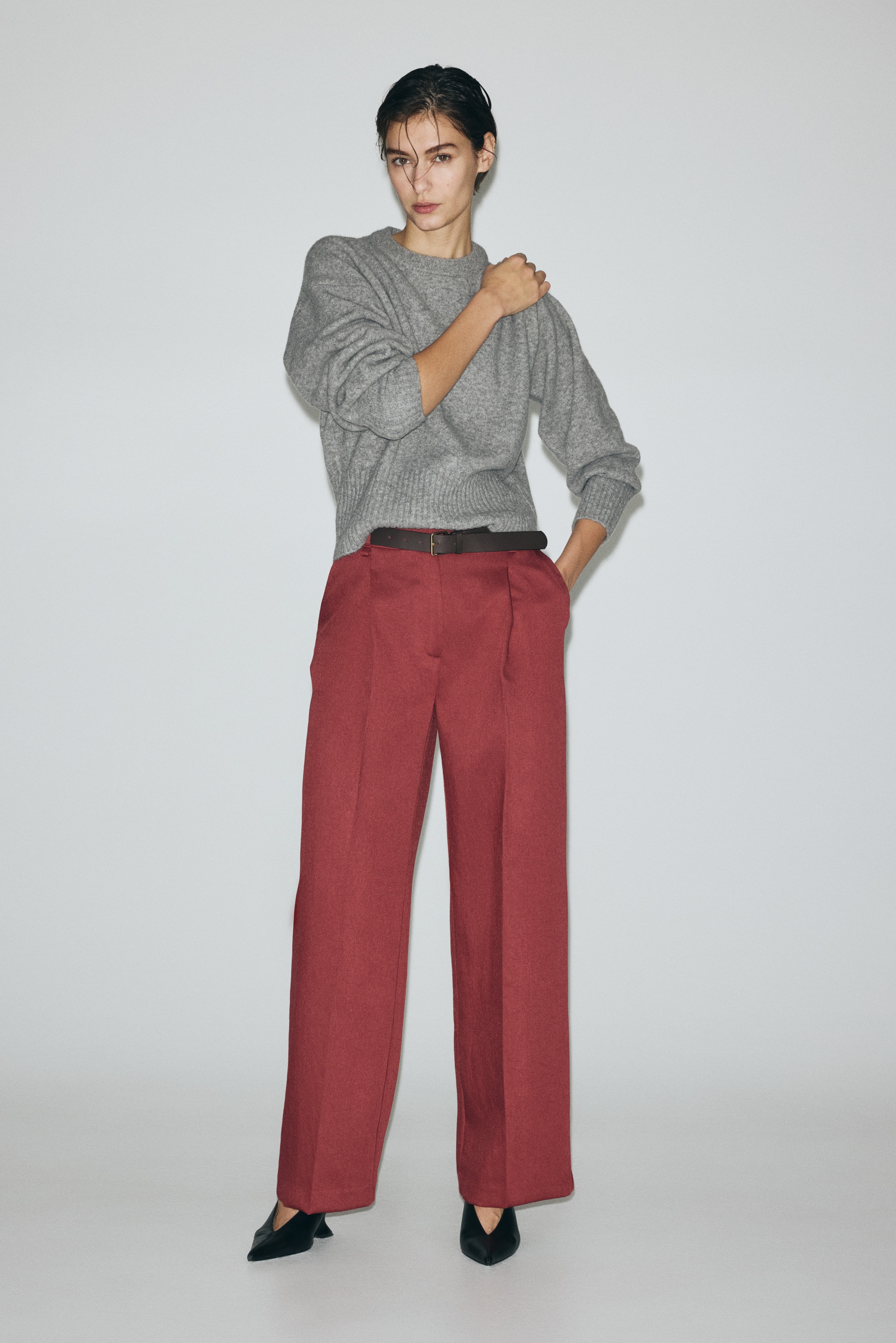 Wide belted trousers - Dark red