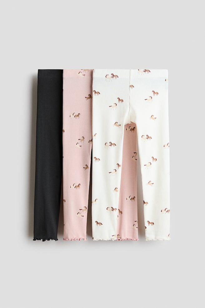 3-pack Leggings acanalados de algodón - Blanco/Caballos - 1