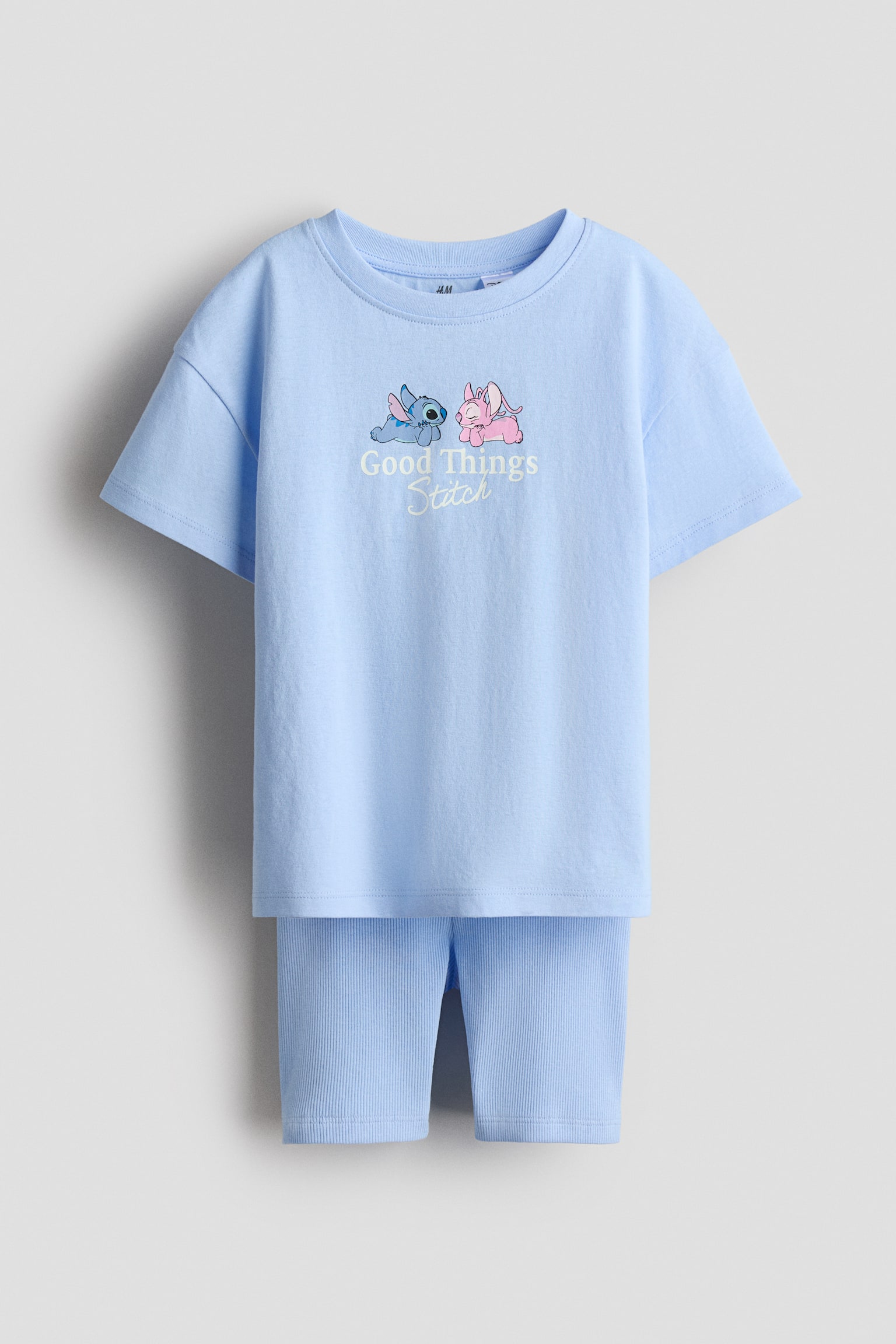 2-delt sæt i bomuld med tryk - Lyseblå/Lilo & Stitch/Creme/Lilo & Stitch/Lys beige/Minnie Mouse/Lys rosa/Hello Kitty