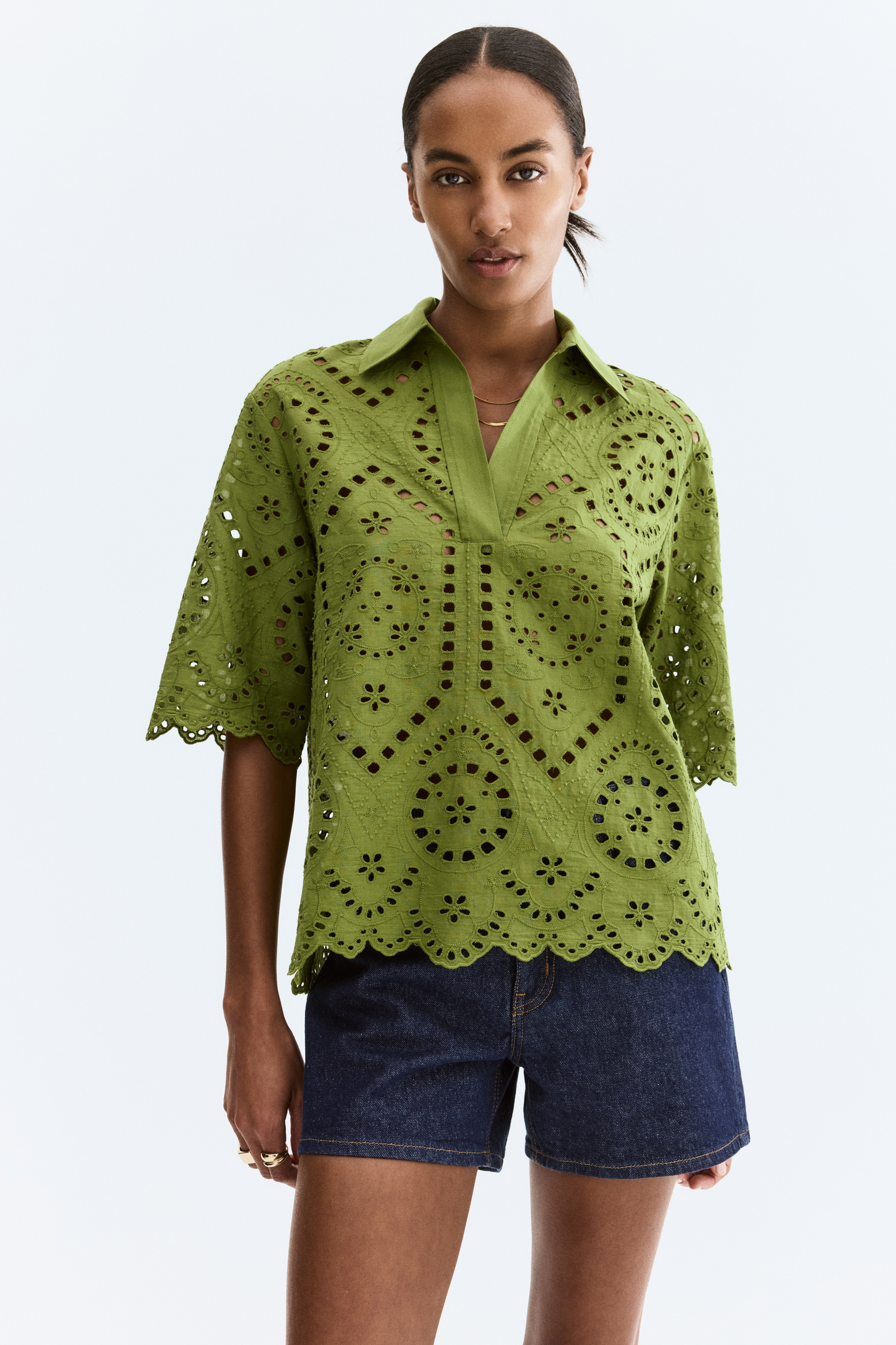 Women's Dusty yellow Eyelet-Embroidered Cotton Shirt | H&M US