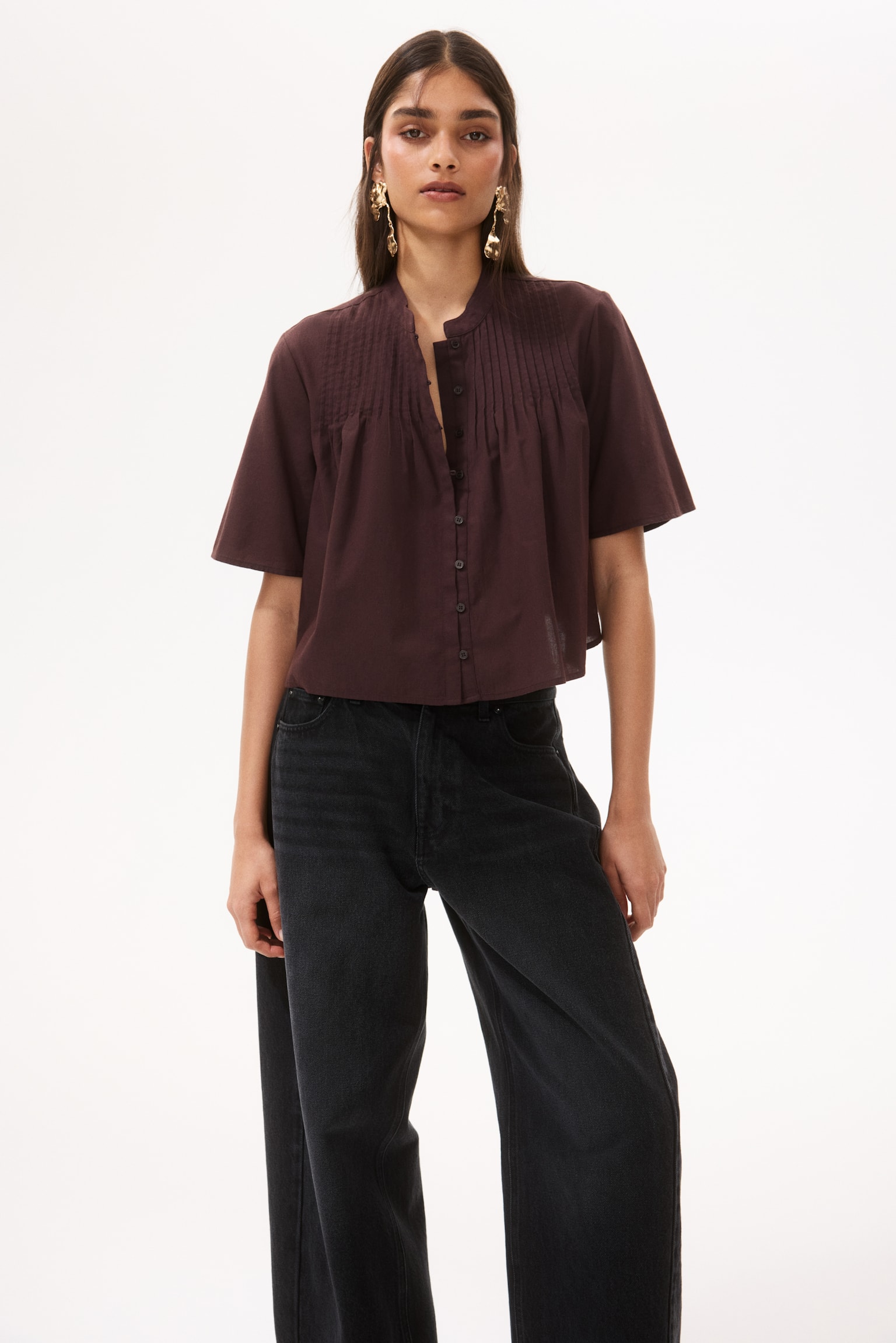 Pintucked cotton blouse - Dark brown/Dusty pink/White - 1