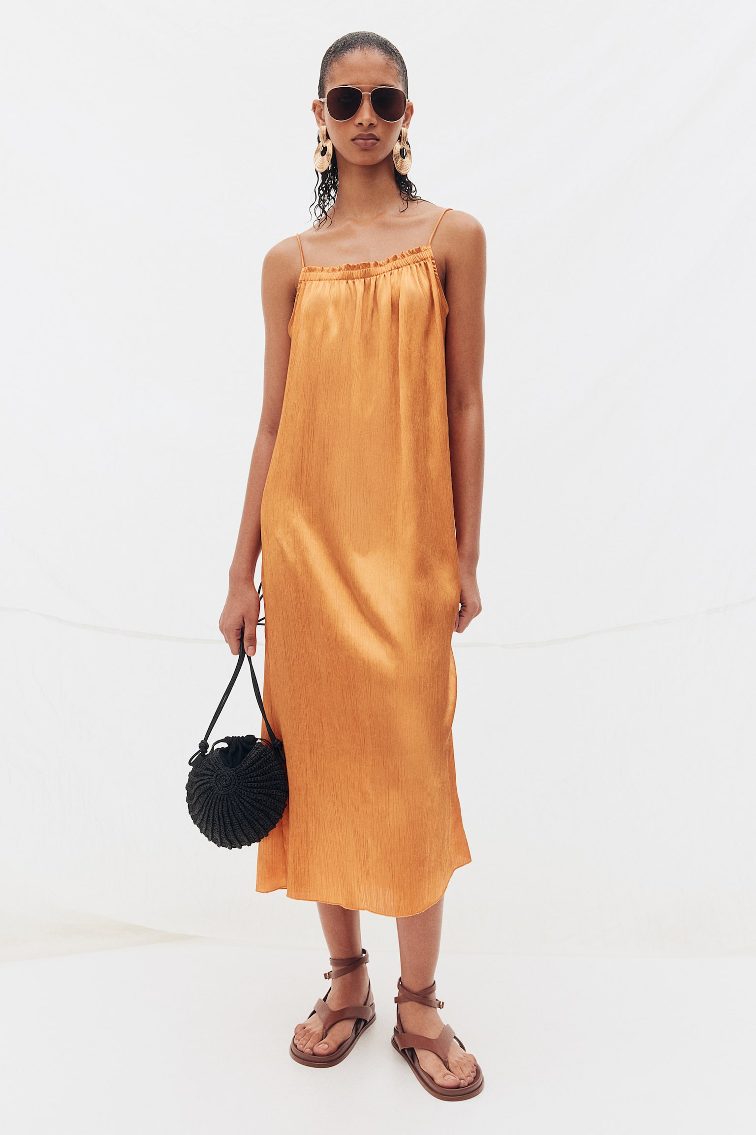 Satin slip dress - Orange/Cream/Black - 1