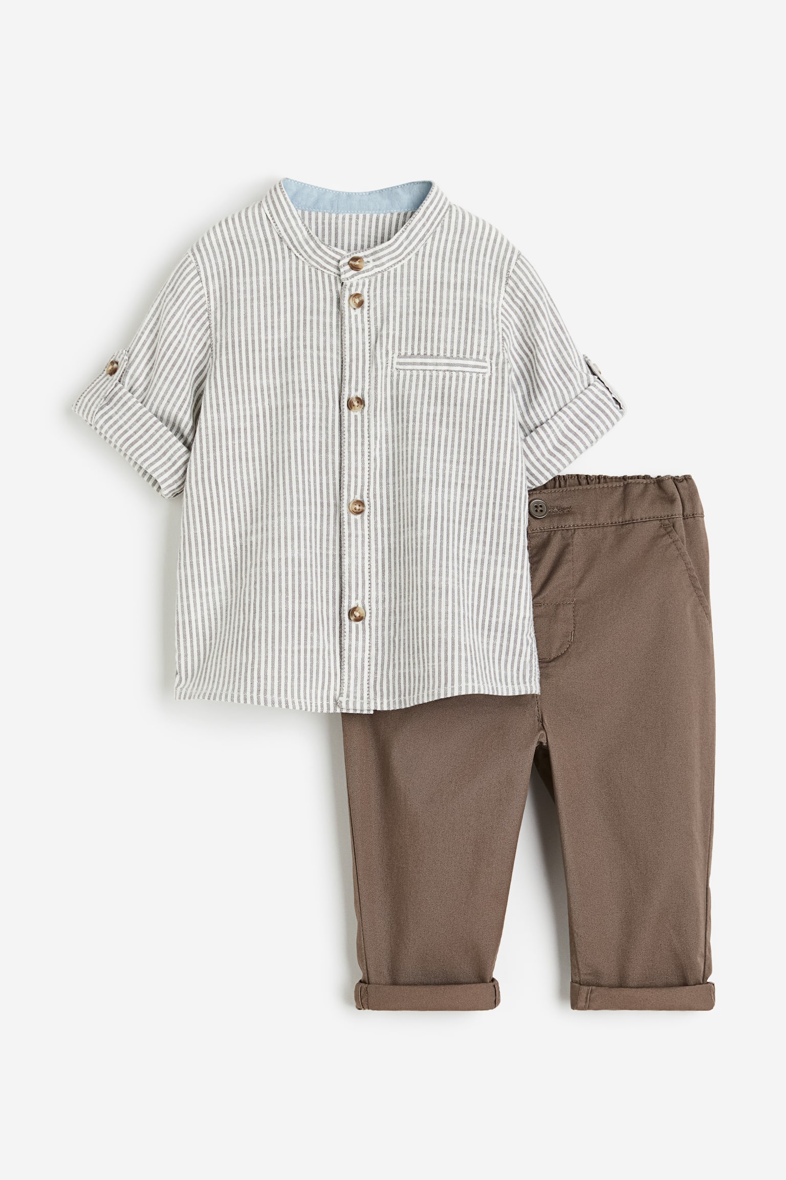 2-piece Shirt & Pants Set - Brown/Stripe/White/Navy blue - 1