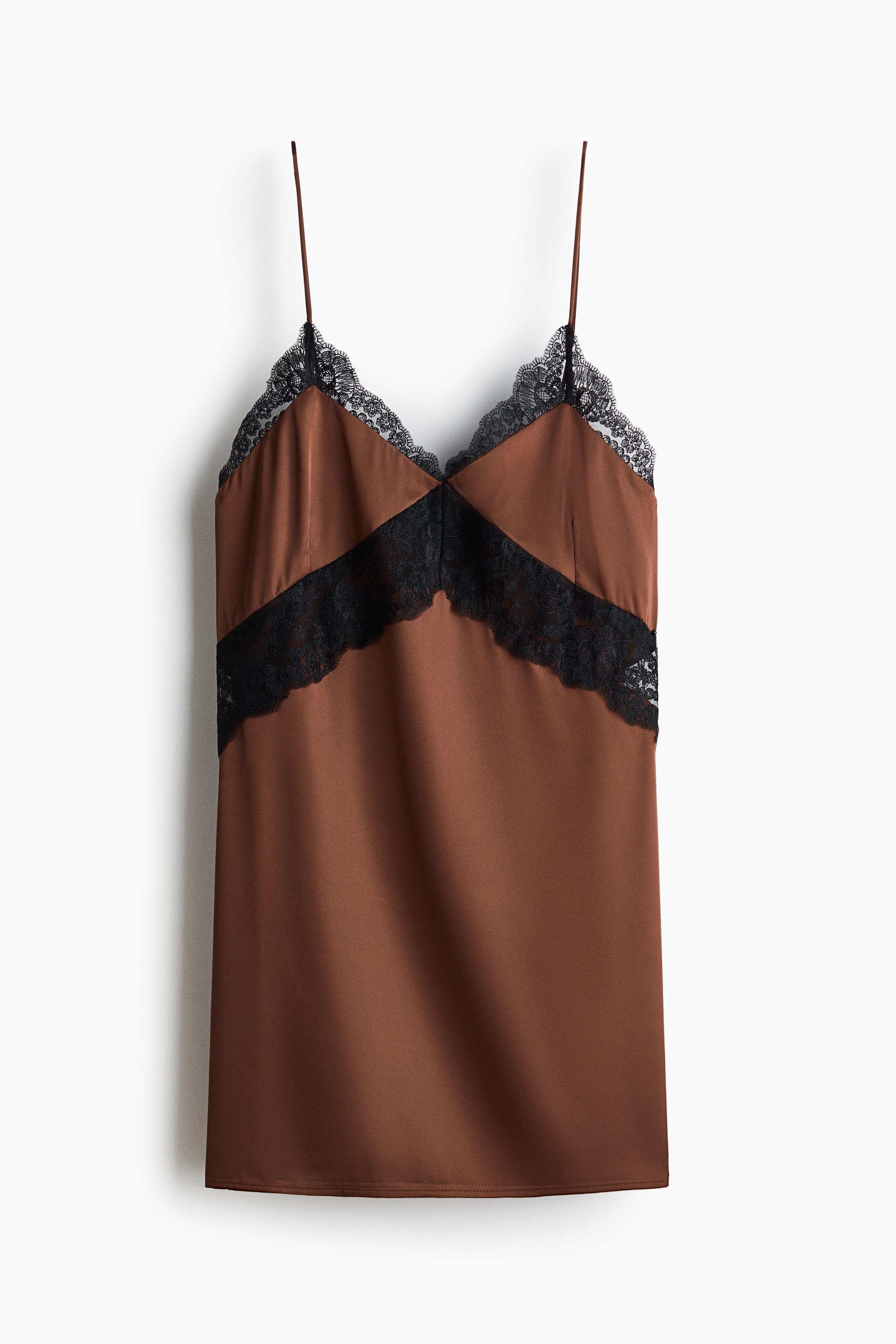 Lace-trimmed satin nightslip - Marrone/nero