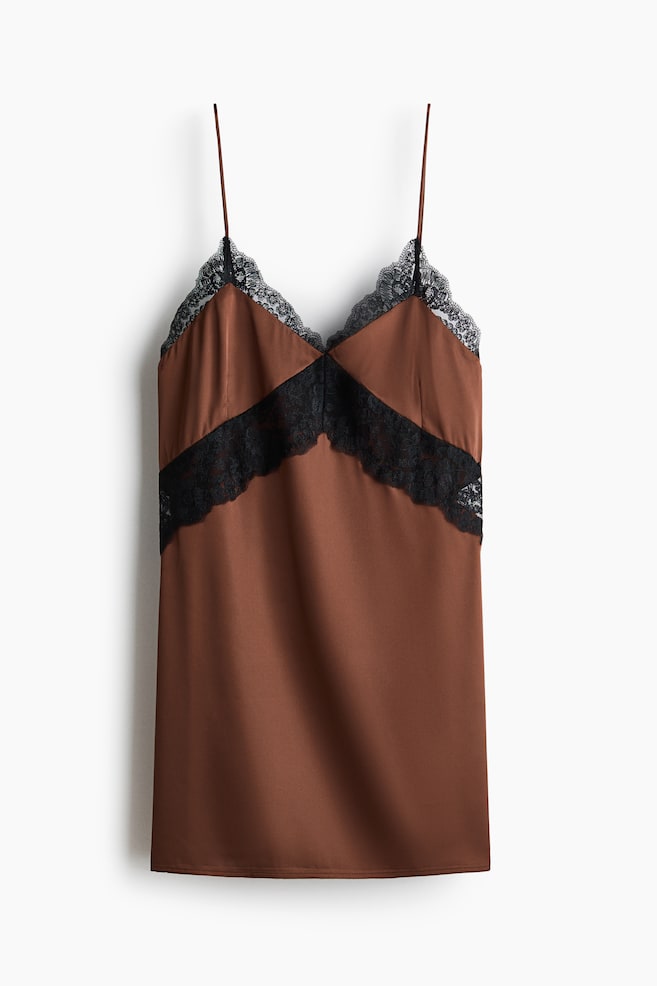 A brown satin camisole top is presented front-facing, featuring thin spaghetti straps, a V-neckline, and black lace trim along the neckline and as a horizontal panel across the bust. - 1