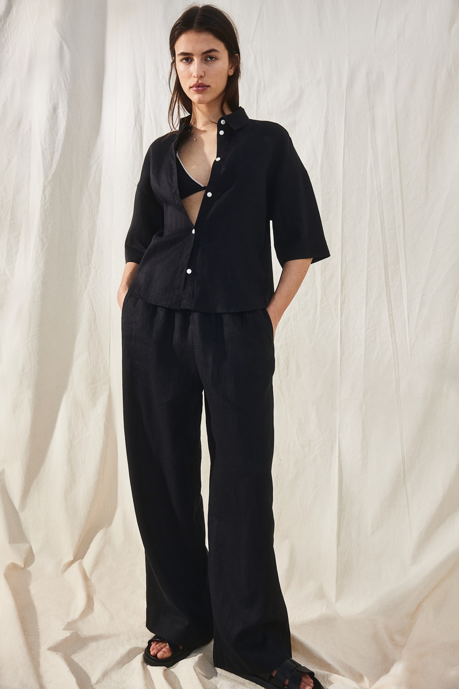 Wide Linen Pants - Black/Light beige - 1